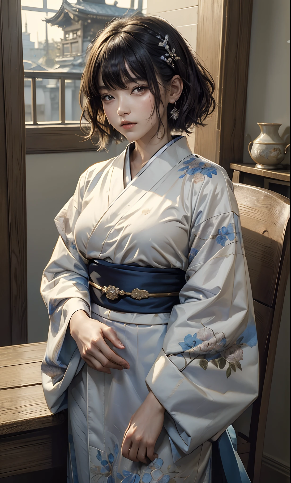 photorealistic, shot from below, front view, zydG, intricate details, exaggerated details, ultra high details, 1girl, beautiful, delicate face, innocent, pale skin, ((short wavy hair):1.2), ((modern black kimono, linen shorts with (side slits)):1.2), huge breasts, (small waist):1.2, (wide thigh gap), (wide thighs):1.2, (masterpiece)