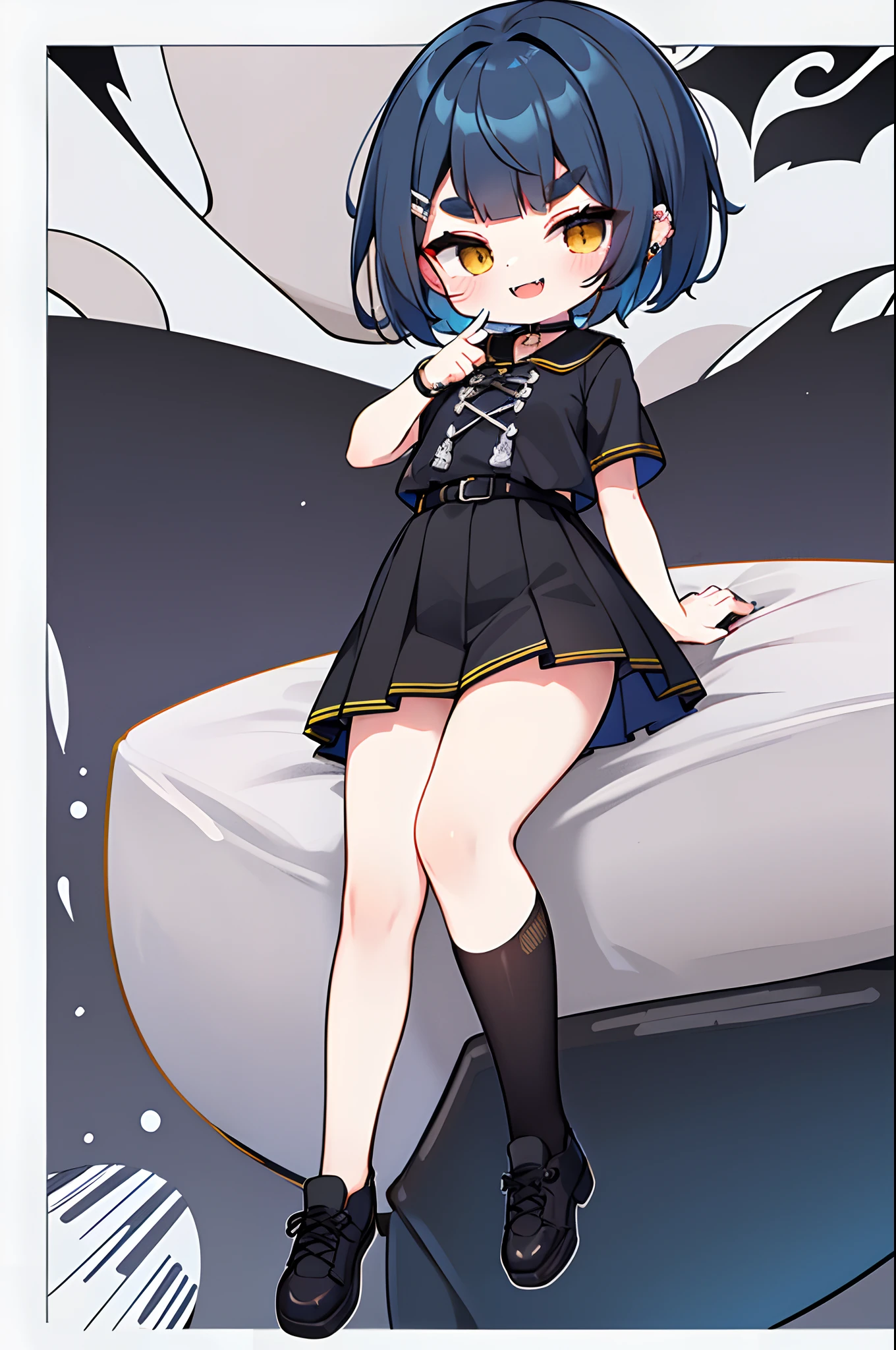 ((Chibi Chara)), {{{Chibi Chara}}}, full body, Fluffy, Girl, Masterpiece, best quality, fine detailed eyes, Broadly Smiling, Open Mouth, Fangs Out, Blush Eyeshadow, blue hair, ((Medium short hair)), ((messy Hair)), (Short hair), (((Unkempt hair))), {{{big sized short twin tails}}}, ((diagonal bangs)), ((blunt bangs)), ((straight bangs)), Yellow eyes, slant eyes, ((thick eyebrows)), fangs, (((Spiteful smile, smirk, fangs))), lots of piercings, ((black short sleeve shirt)), black pleated short skirt, spike choker, spike leg ring, black shoes, yellow belt, huge breasts, highly detailed fine art, (finely detailed beautiful eyes and detailed face), delicate depiction of facial features, detailed metal jewelry, (Highest Quality, Amazing Details:1.25), (Solo:1.3), Chibi Chara, Full Body, dynamic angle, dynamic pose, Masterpiece, Best Quality, 16k