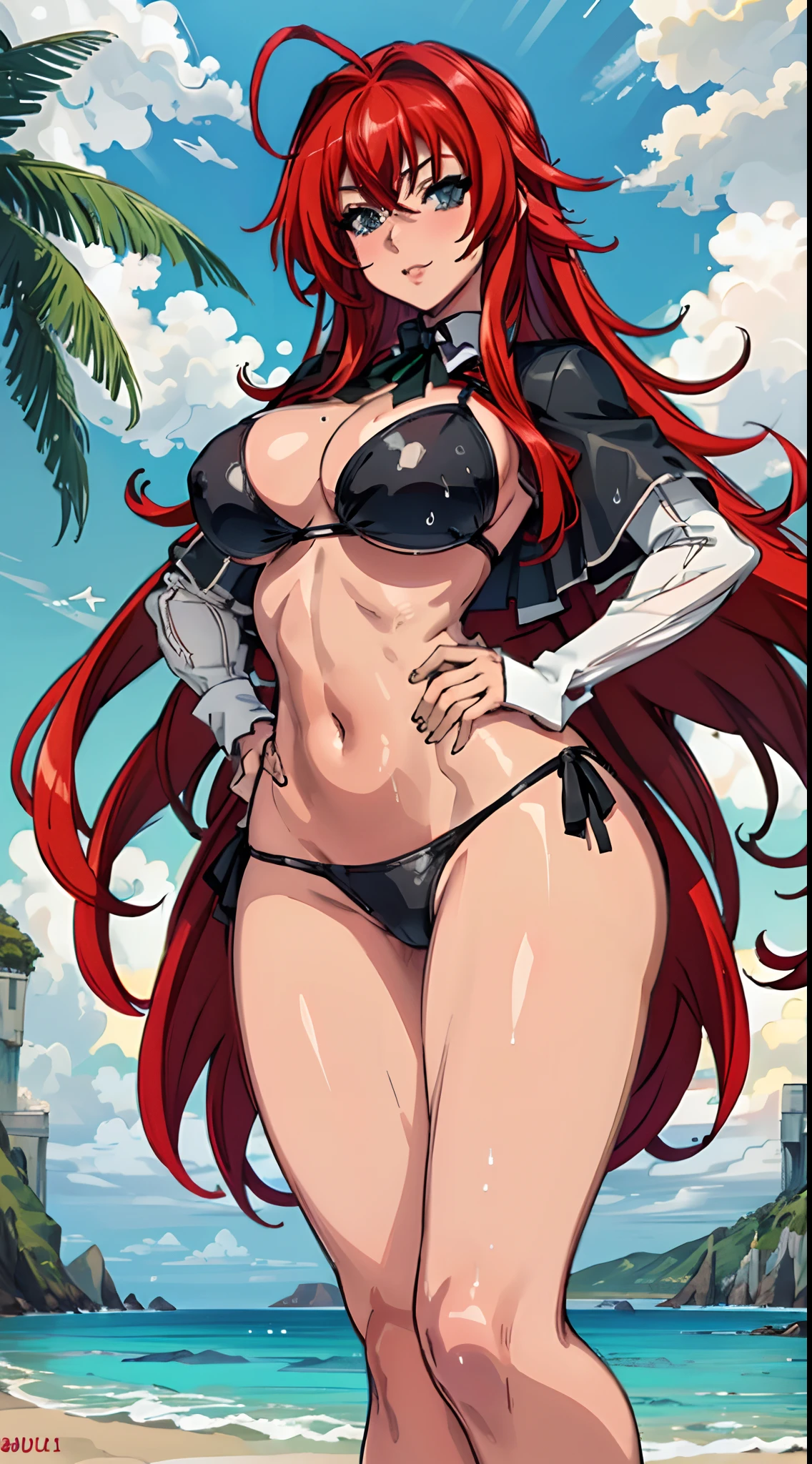 (best quality:1.3), Rias Gremory , peituda, clivagem, sedutora, rosto sexy, sexy, body curvy, bunda grande, peitos grandes, (bikini black), (beach), (body wet)
