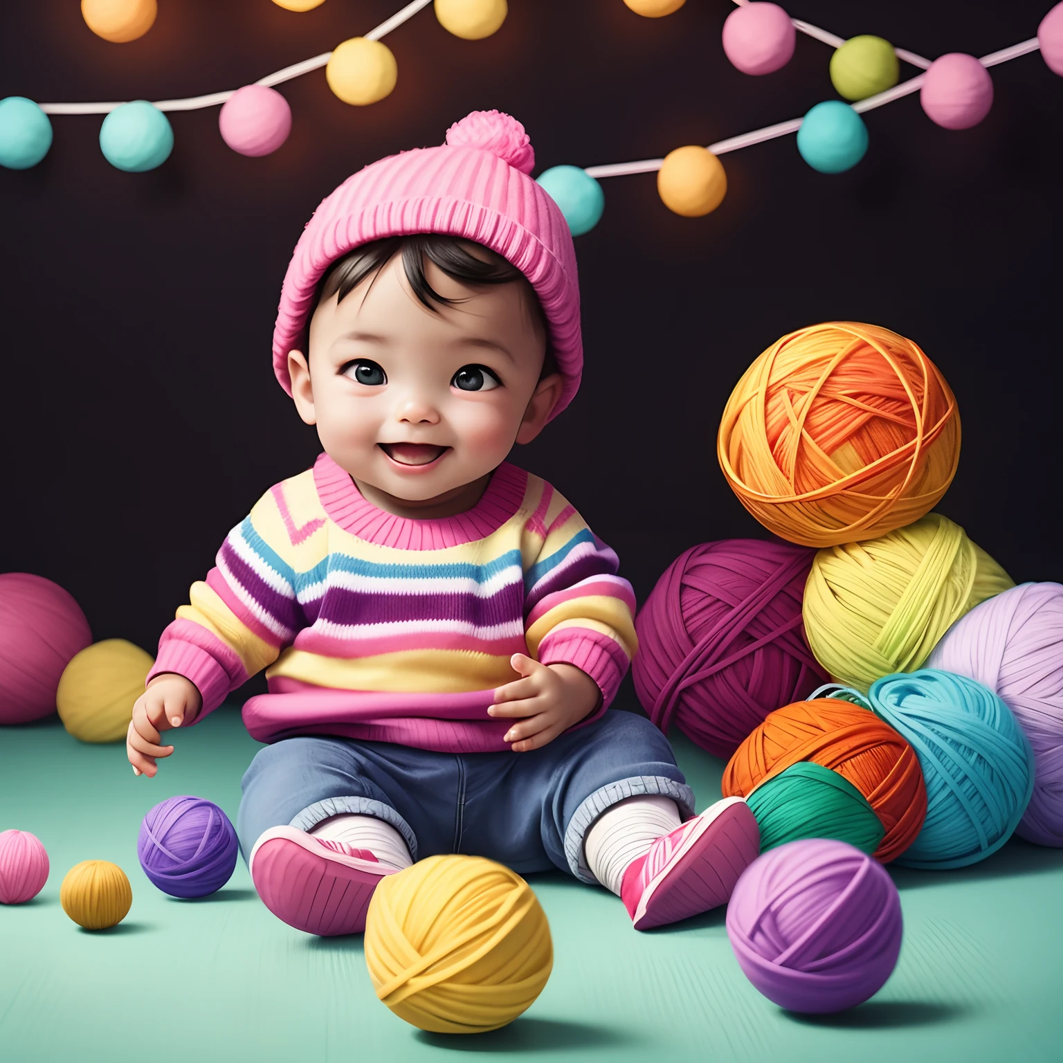 Capture a studio photography-style image of a 1--old seated on the floor, dressed in a striped knit sweater. Arrange many colorful balls of yarn beside him for a playful touch. Ensure the lighting is bright and even, typical of a studio setup. Emphasize the innocence and charm of the child while highlighting the textures and colors of the yarn. Create a heartwarming and cheerful composition.