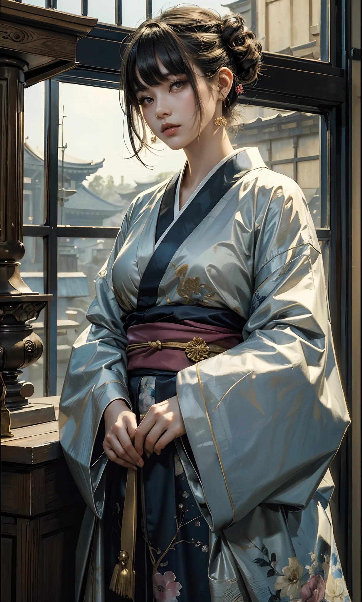 ((top-quality、​masterpiece:1.3))、sharp:1.2、Perfect Body Beauty:1.4、((Layered hairstyle))、(Kimono:1.1)、(shrines:1.2)、Highly detailed facial and skin texture、Detailed eye、二重まぶた、((short-length hair))、boyish、Cool、((unisex))、big eye、bangss、((One Woman))、Black eyes、tying  hair、hair adornments、