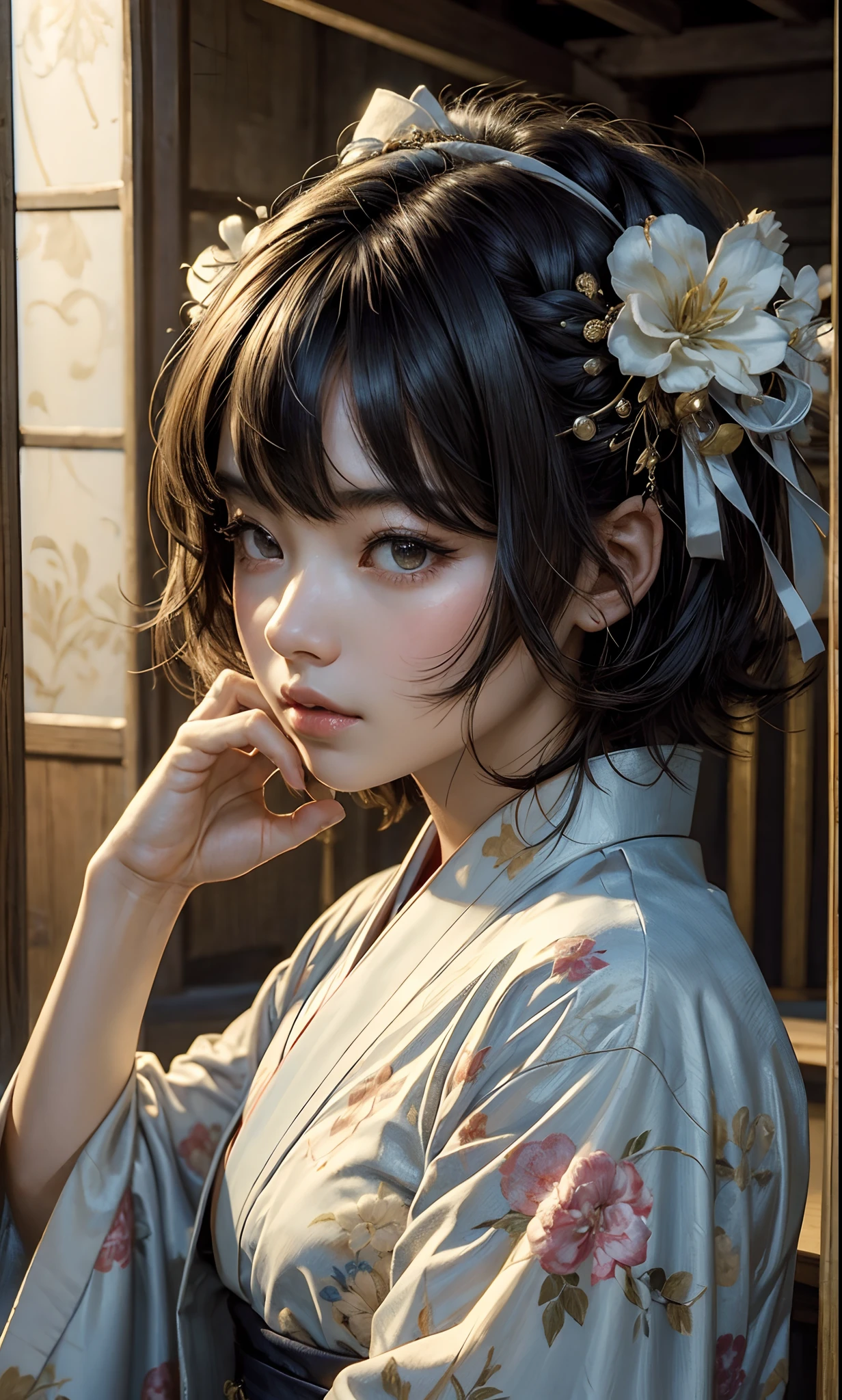 ((top-quality、masterpiece:1.3))、sharp:1.2、Perfect Body Beauty:1.4、((Layered hairstyle))、(Kimono:1.1)、(shrines:1.2)、Highly detailed facial and skin texture、Detailed eye、二重まぶた、((short-length hair))、boyish、Cool、((unisex))、big eye、bangss、((One Woman))、Black eyes、tying hair、hair adornments、