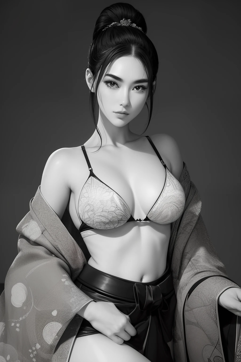 Uma linda samurai sexy, rosto lindo, corpo lindo delicado, corpo sedutor, usando um quimono aberto sexy e sedutor.

The artwork is created in a medium reminiscent of Japanese inkwash paintings....., with bold brush strokes and a monochrome color palette. The artist's masterful technique brings out the intensity and power of the presence of the 

Image is of the highest quality, with every detail captured flawlessly in ultra-high resolution. The textures on the kimono and the intricate patterns are rendered with extreme precision. The lighting is carefully crafted to enhance the dramatic effect, com sombras profundas e destaques sutis.

Geral, The artwork exudes a sense of elegance and power, combining traditional Japanese aesthetics with a touch of modernity. The monochrome color palette, combinado com os detalhes requintados, creates a captivating and immersive experience for the viewer.
