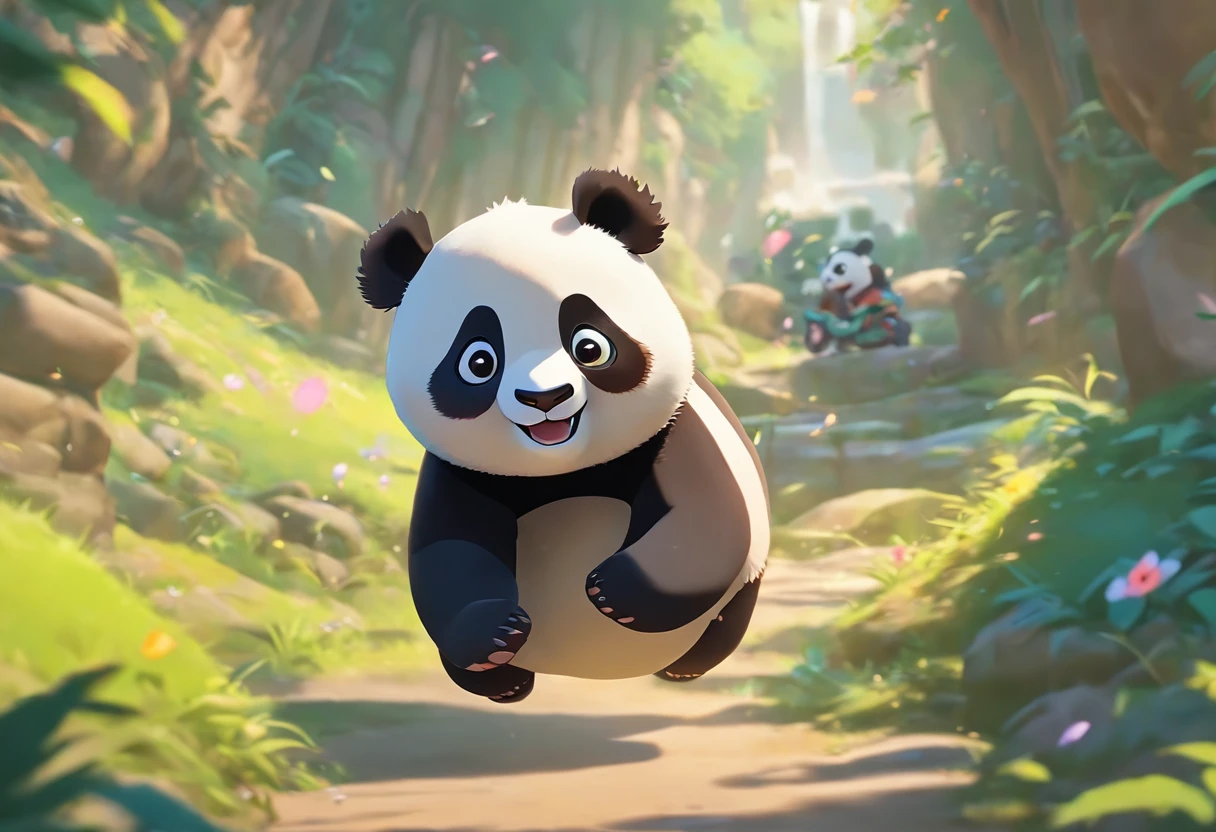 １With cute full-body panda２Friend Panda sets off on a journey，Has big eyes，Blushlush，lazy，greet, 。.。.3D, 4K