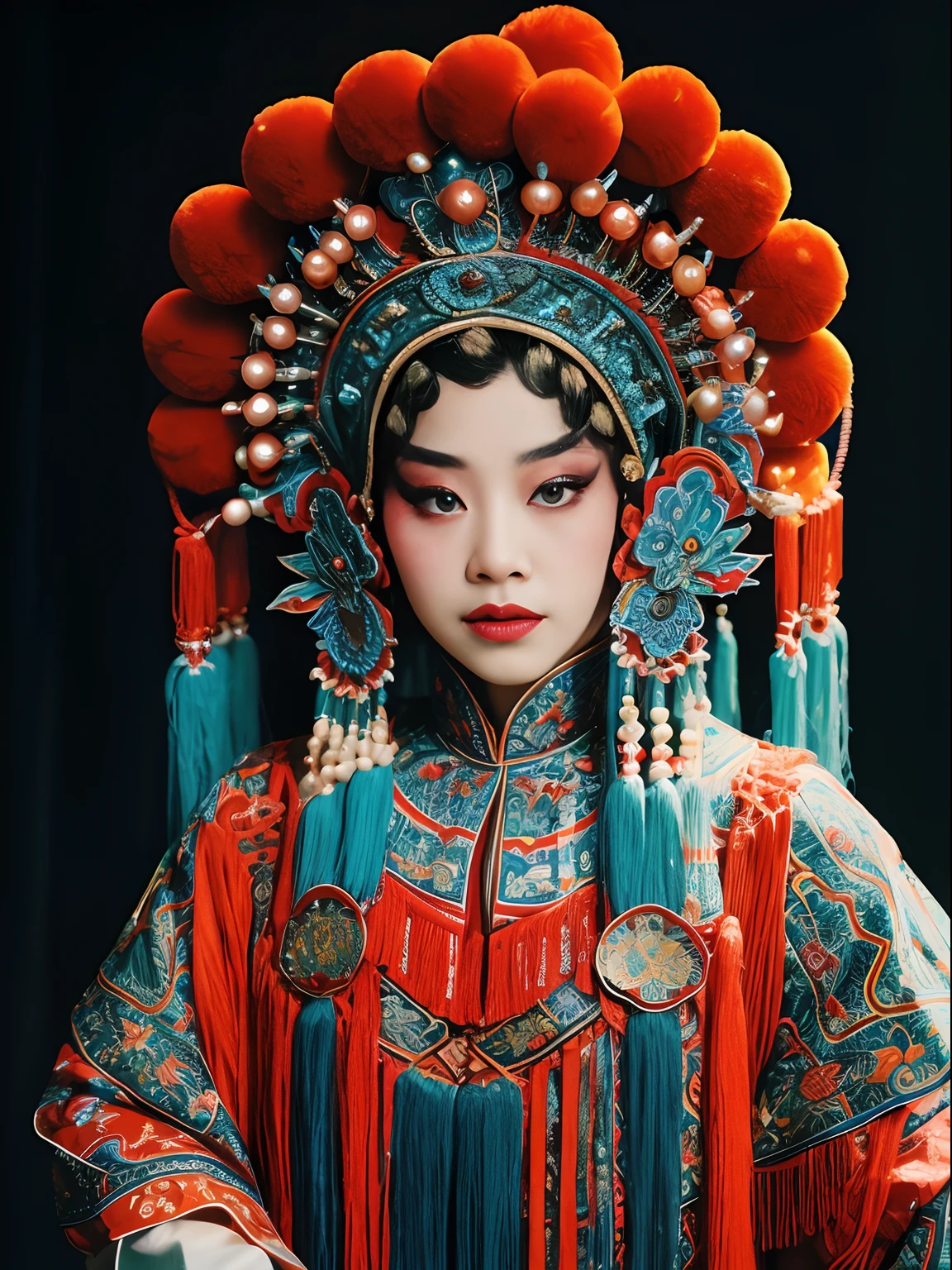 tmasterpiece:(((CNOperaFlag))), 8K,Portrait Photogram,sportrait,Shocking,movie picture quality,。CNOperaCrown, From the front, looking at viewert, Beautiful makeup,Detailed portrayal of the face。Exquisite headdress, Gorgeous costumes, nipple tassels。Chinese red,cloisonne,The correct structure of the human body,Complete hands