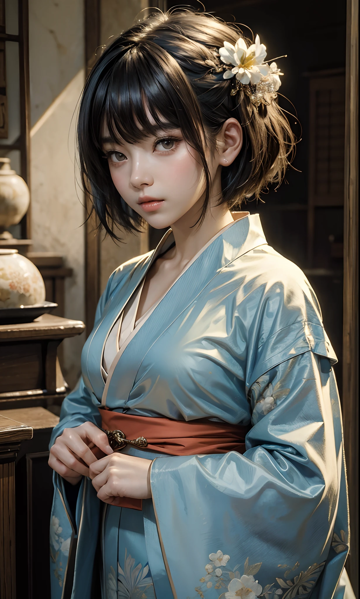 ((top-quality、​masterpiece:1.3))、sharp:1.2、Perfect Body Beauty:1.4、((Layered hairstyle))、(Kimono:1.1)、(shrines:1.2)、Highly detailed facial and skin texture、Detailed eye、二重まぶた、((short-length hair))、boyish、Cool、((unisex))、big eye、bangss、((One Woman))、Black eyes、tying  hair、hair adornments、