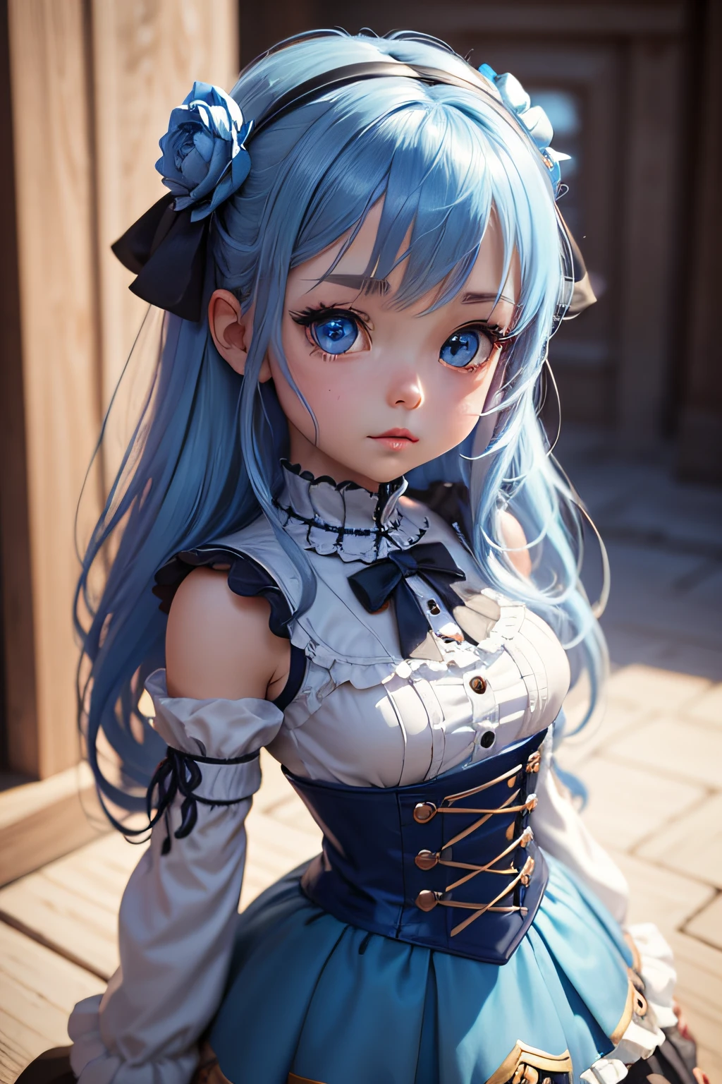 Close-up of a doll with blue eyes and tiers, a character portrait inspired by WLOP, pixiv, Fantasy Art, Adorable Digital Painting, cute detailed digital art, cute 3d render, Cute digital art, kawaii realistic portrait, Advanced Digital Chibi Art, Chibi Art, Chibi Girl, anime chibi, render of a cute 3d anime girl