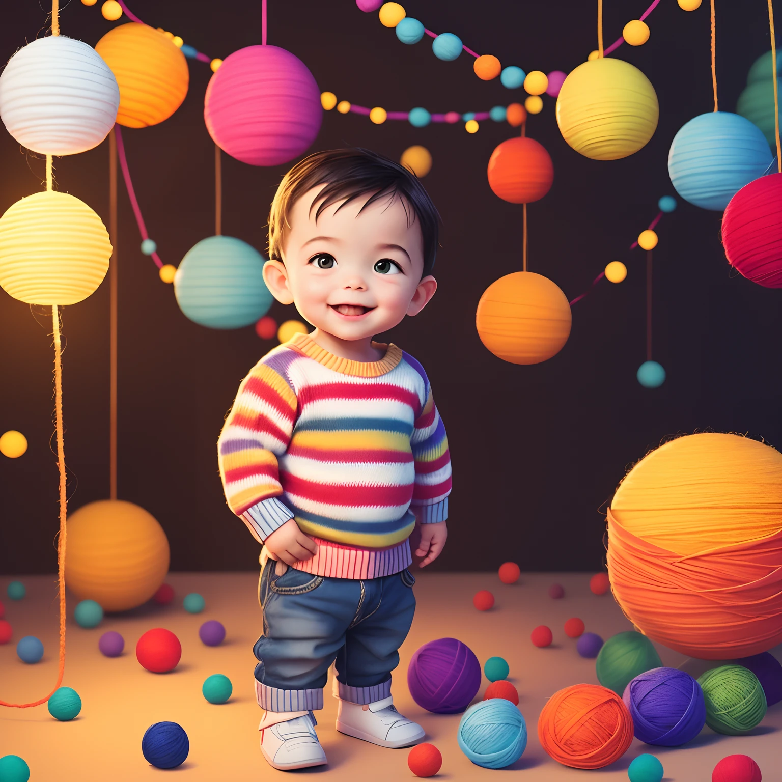 Capture a studio photography-style image of a 1-year-old boy standing, dressed in a striped knit sweater. Arrange many colorful balls of yarn beside him for a playful touch. Ensure the lighting is bright and even, typical of a studio setup. Highlight the child's adorable presence and the textures and colors of the yarn. Create a heartwarming and charming composition.