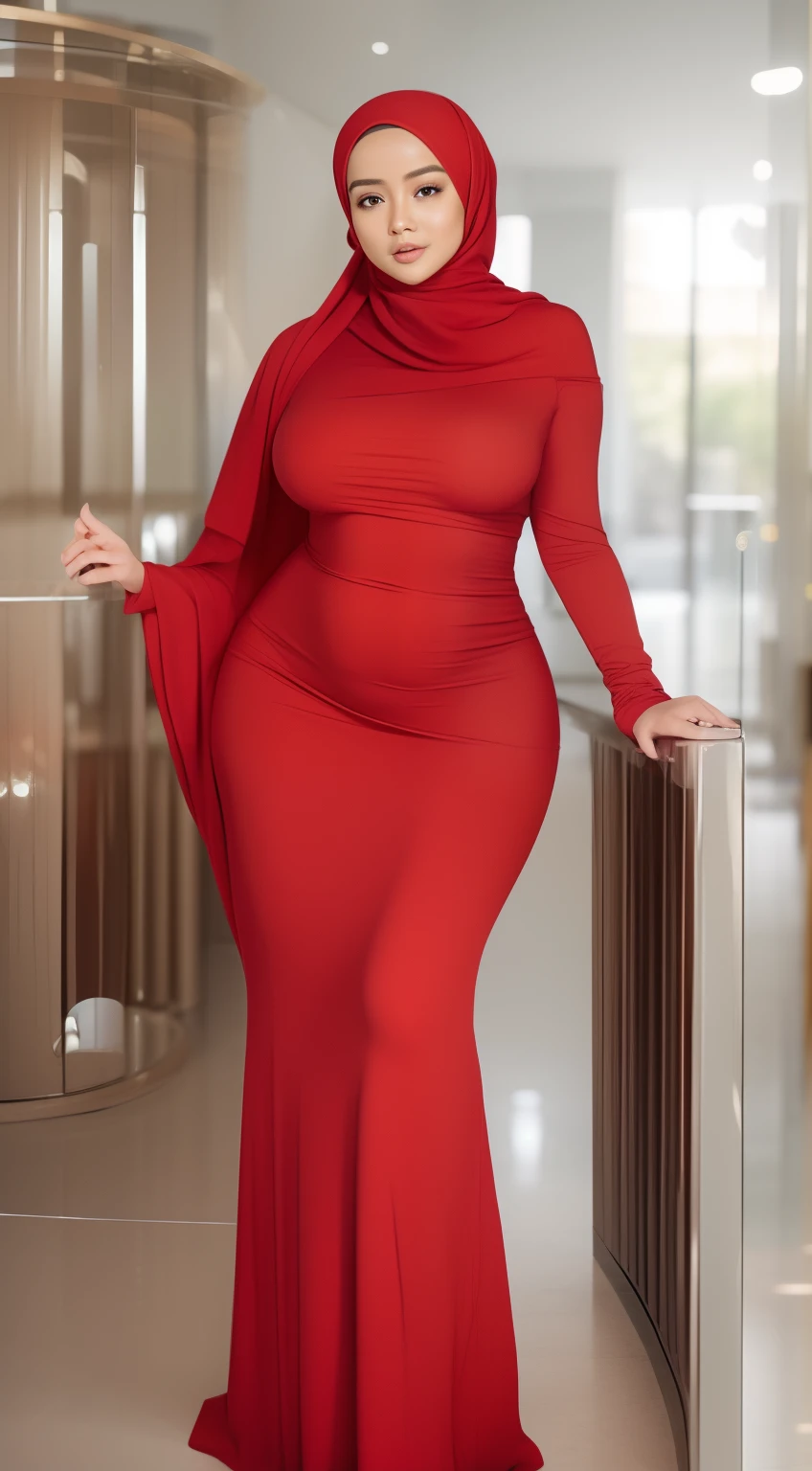 (NSFW,highres:1.2),mirafilzah,perfect body shape, slim waist, curvy hourglass figure, full body picture, skinny waist and thick hips,full body view,big boobs,wearing tight dress,beautiful detailed eyes,long eyelashes,natural makeup,soft smile,she has a jiggly fat round belly,vivid colors,studio lighting,physically-based rendering,digital artwork,bokeh
