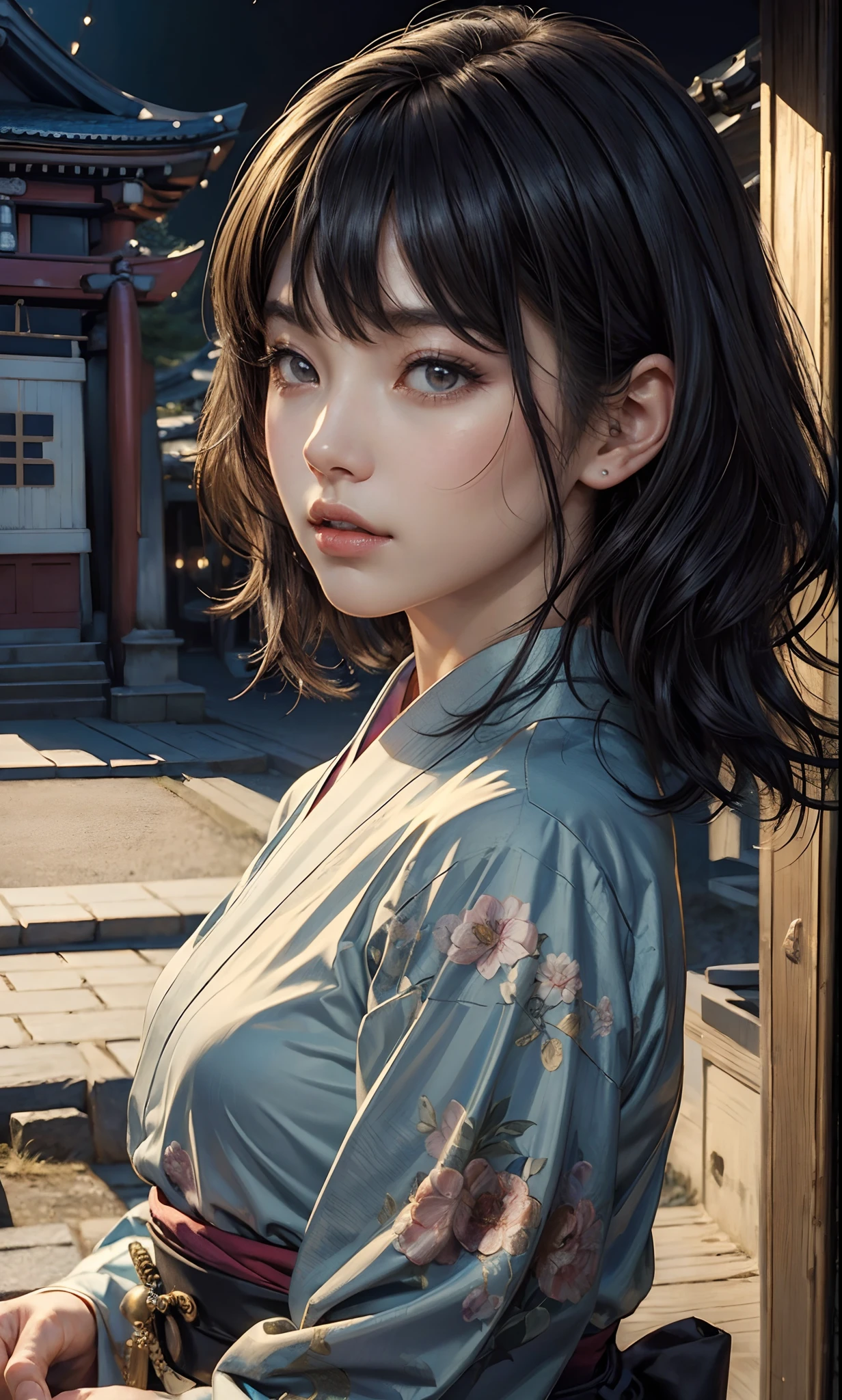 ((top-quality、masterpiece:1.3))、sharp:1.2、Perfect Body Beauty:1.4、((Layered hairstyle))、(Kimono:1.1)、(shrines:1.2)、Highly detailed facial and skin texture、Detailed eye、二重まぶた、((short-length hair))、boyish、Cool、((unisex))、big eye、bangss、((One Woman))、Black eyes、tying hair、hair adornments、