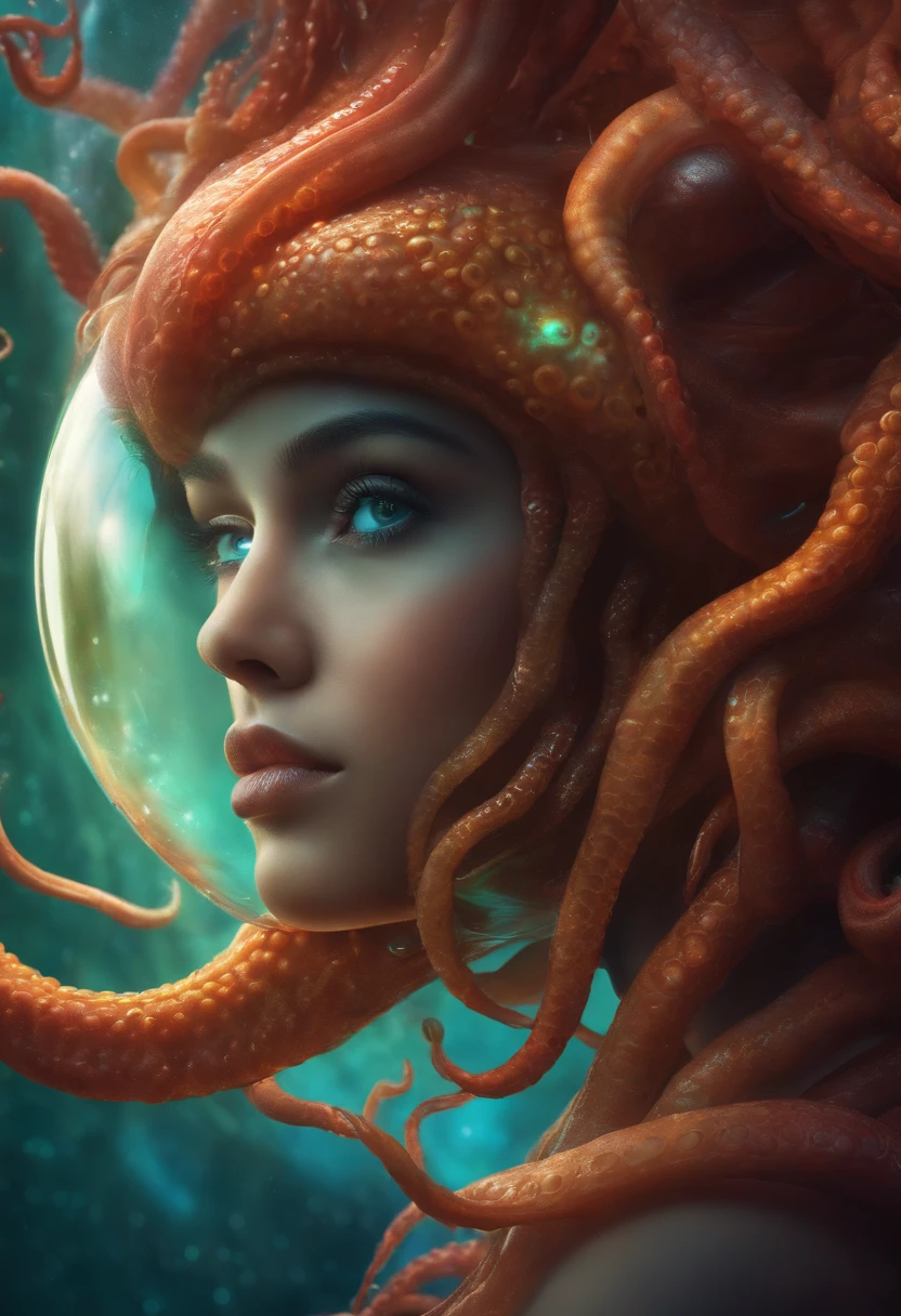 A girl, alien head, tentacles