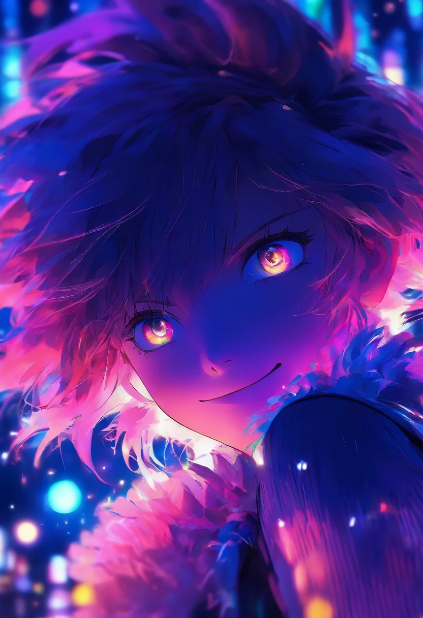 masterpiece, best quality, 8k, 15yo, teen, raw photo, absurdres, award winning portrait, smile, smile, solo, night, neon, idol face, violaceaess, gardeniass, delicate girl, upper body, DSLR, looking at viewer, candid, sophisticated, youthful, thin arms, professional lighting, film grain, chromatic aberration, (detailed eyes and face:1.0), (bokeh:1.1)