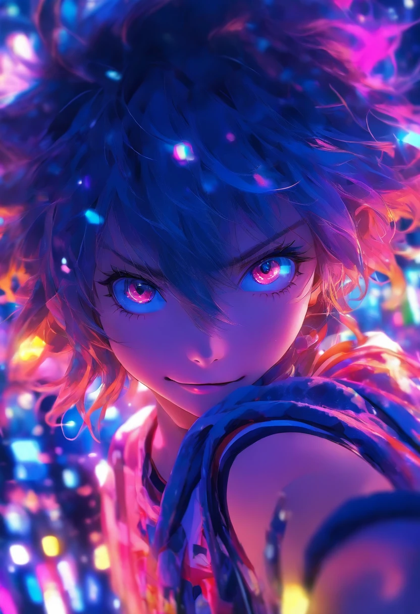 masterpiece, best quality, 8k, 15yo, teen, raw photo, absurdres, award winning portrait, smile, smile, solo, night, neon, idol face, violaceaess, gardeniass, delicate girl, upper body, DSLR, looking at viewer, candid, sophisticated, youthful, thin arms, professional lighting, film grain, chromatic aberration, (detailed eyes and face:1.0), (bokeh:1.1)