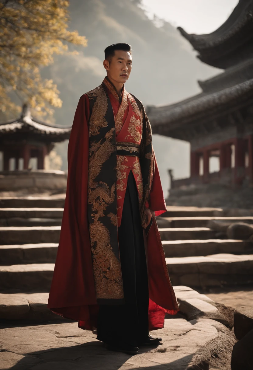 1man，A 50-year-old Chinese male，Wearing a vintage outfit with black dragon embroidery，Upper body，gentlesoftlighting，tmasterpiece，best qualtiy，8K  UHD，digital SLR camera，filmgrain，Midjourney and greg rutkowski's Fujifilm XT3 realistic painting art