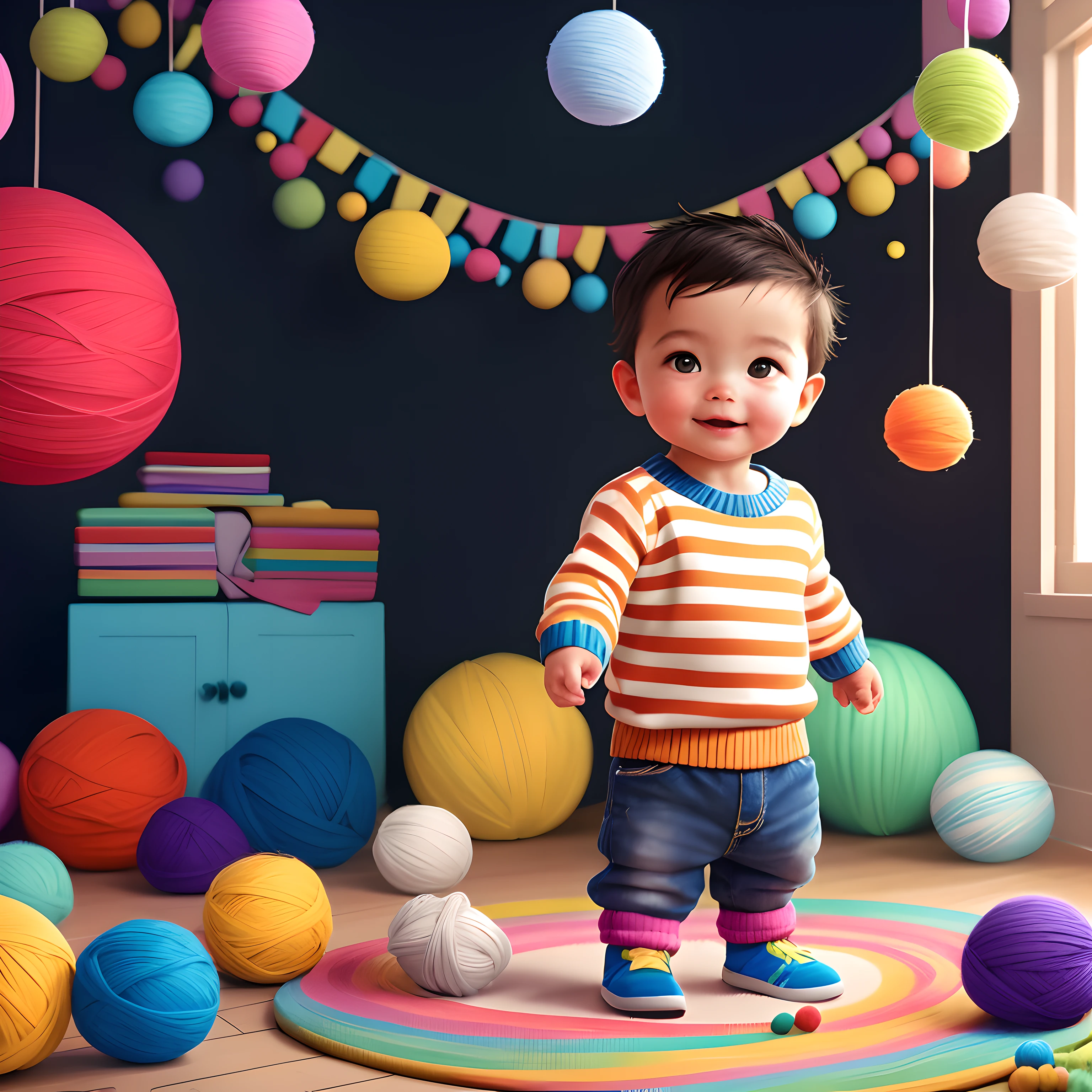 Capture a studio photography-style image of a 1-year-old boy standing, dressed in a striped knit sweater. Arrange many colorful balls of yarn beside him for a playful touch. Ensure the lighting is bright and even, typical of a studio setup. Highlight the child's adorable presence and the textures and colors of the yarn. Create a heartwarming and charming composition.