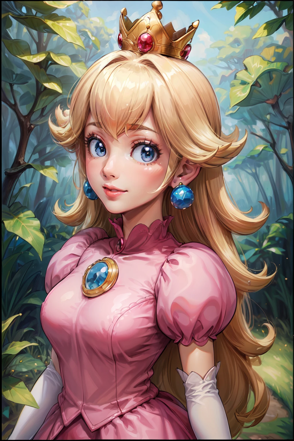 ((high detailed, best quality, 4k, masterpiece, hd:1.3)), pch, pink dress, brooch, puffy sleeves, short sleeves, smile, lipstick, smooth skin, elbow gloves, earrings, crown, in mushroom forest, upper body, close-up,