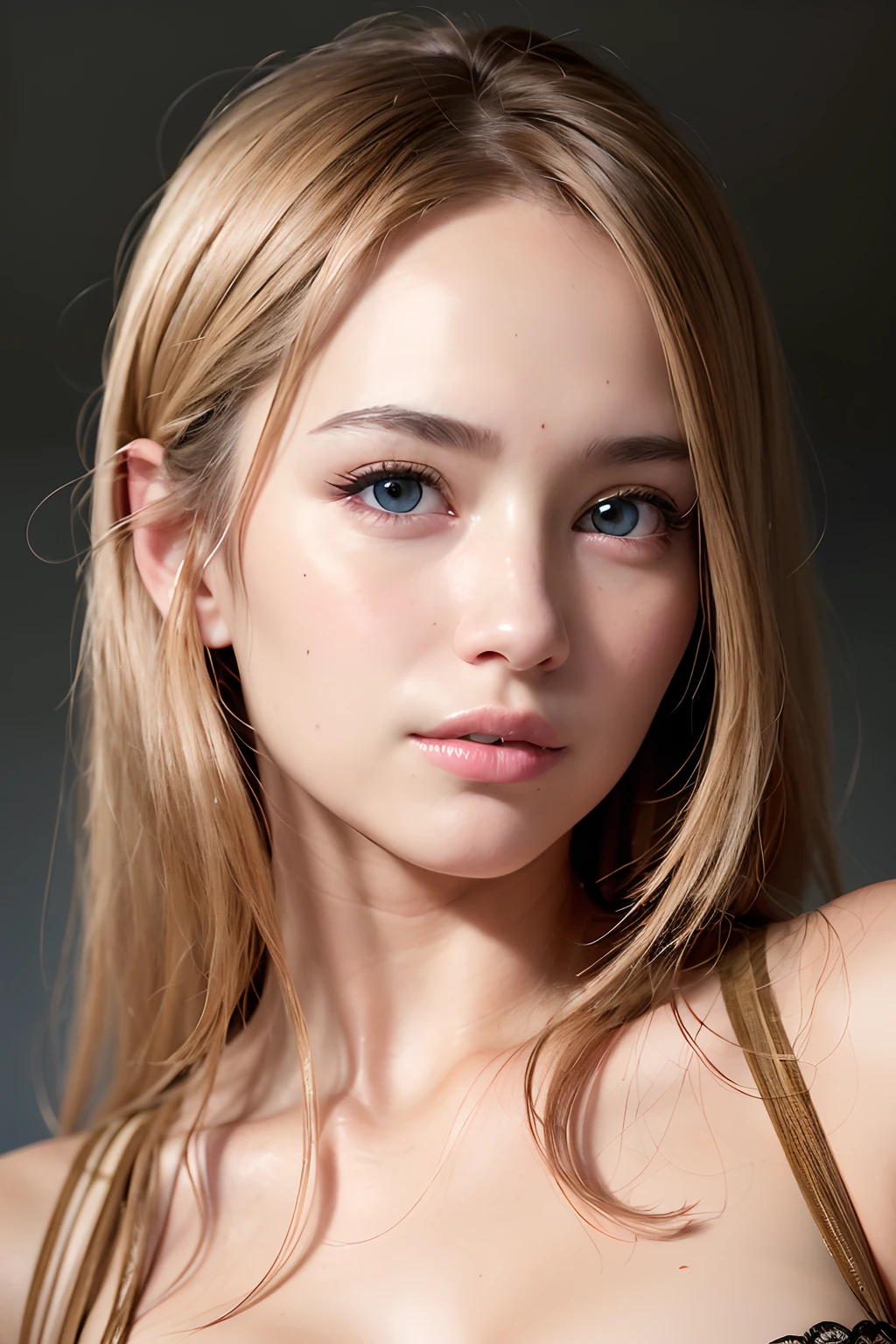 8K, best quality, masterpiece, ultra high res, (photorealistic: 1.4), raw photo, (authentic skin texture: 1.3), (film grain: 1.3), (selfie angle), 1girl blonde with beautiful detailed brown eyes and face, masterpiece, best quality, close-up, top body,