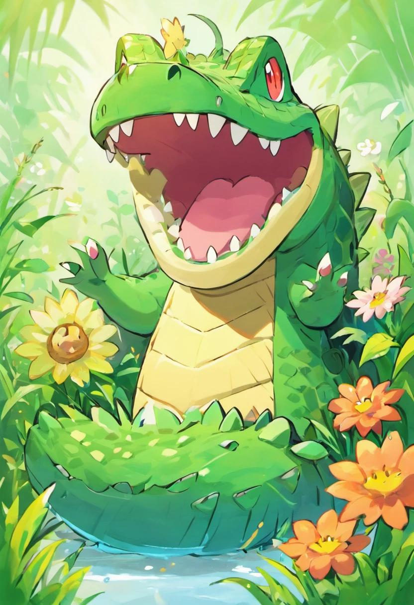 A crocodile, huge, large teeth, flowers and grass growing on the back