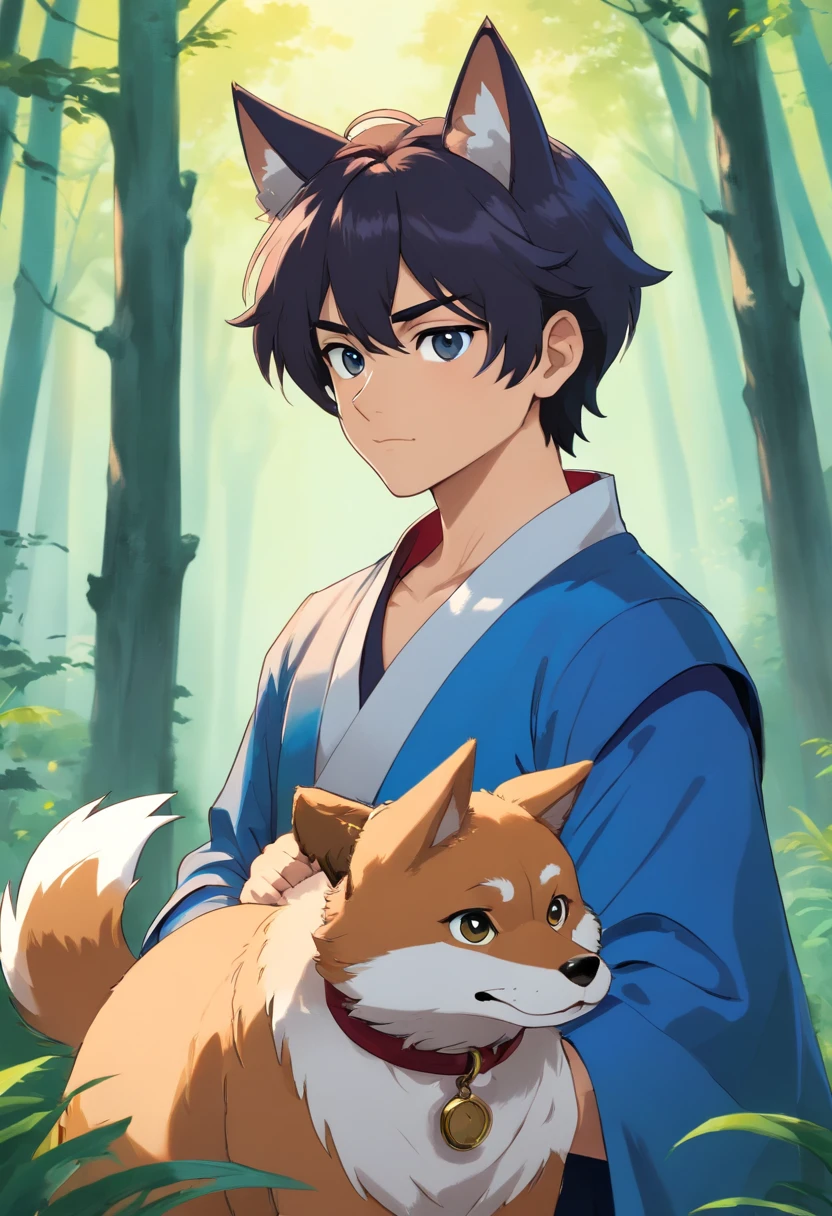 Hay un perro sentado en el bosque con un collar azul, un retrato de personaje inspirado en Caspar Wolf, Ganador del concurso Pixiv, Arte peludo, muy, muy hermoso arte peludo, Arte de Fursona, anthropomorphic shiba inu, fursona furry art commission, commission for high resolution, Retrato de un zorro anthro, Arte peludo!!!, Retrato de personaje peludo con cara de enojado y listo para atacar