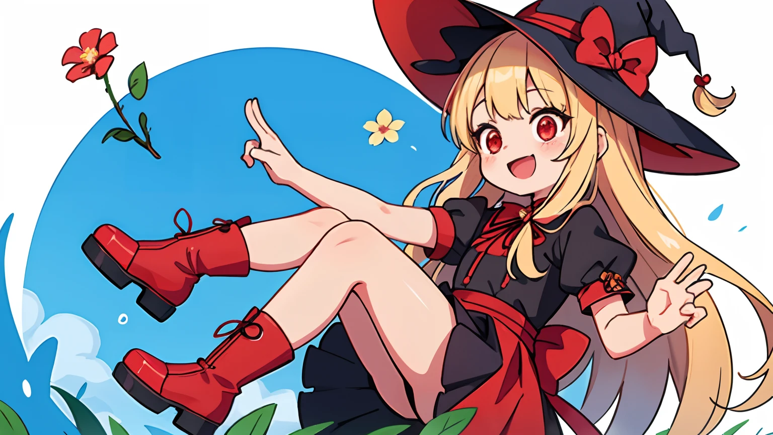 nendroid、1girl in,Witch,Long hair, Blonde hair, Witch Hat,Red Eyes,Puffy sleeves,Dress,Red_Footwear, Short sleeves,long boots、Open mouth and big smile、Water droplets on the cheeks、Making a heart with both hands、Flowing iridescent silk、There are flowers even in front of you、flower petals、season!!: 夏天☀ 🍂