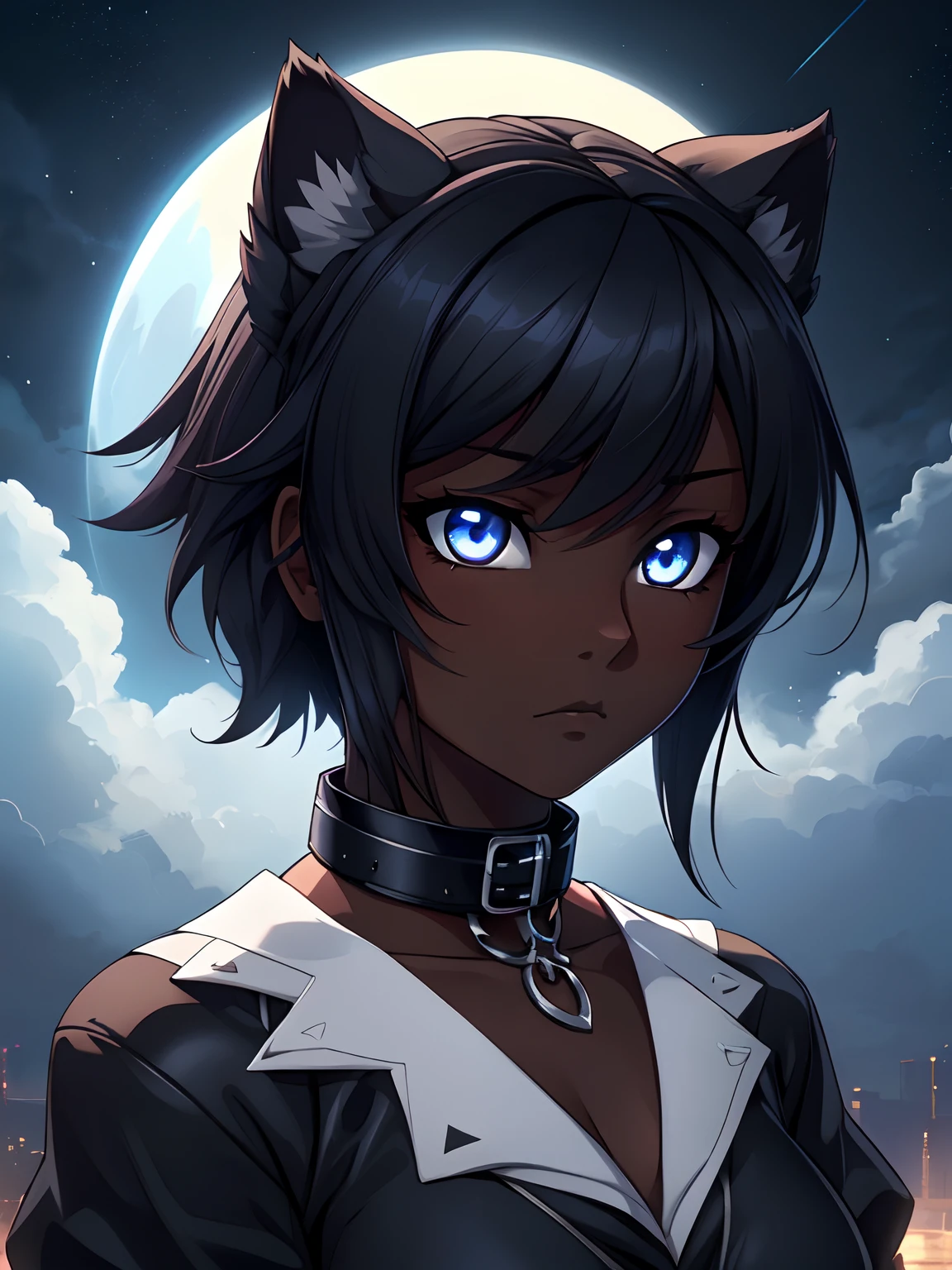 1 girl, (dark skin:1.2), shy, cute, cold expression, (8k, RAW photo, best quality, masterpiece:1.2) ultra-detailed, Super detailed, vivid colors, anime, unreal engine 5, studio lighting, portrait, full white eyes, blank eyes, Night clouds background, Aesthetic, romantic, Luna, wearing goth dog collar