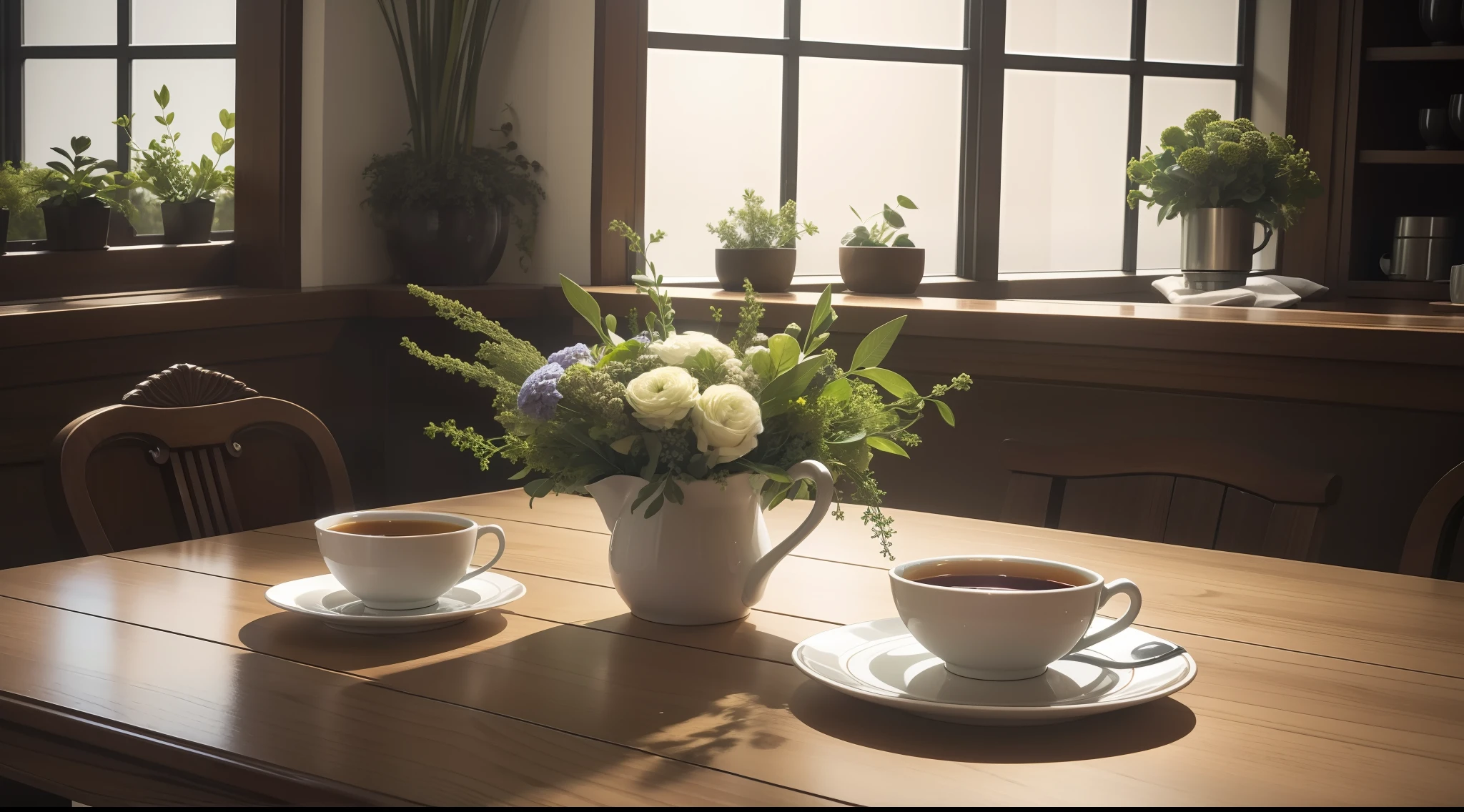 commercial photo, masutepiece, Super Detail, High quality, awardwinning, 8K, Cup with herbal tea, Herb bouquet, The cup has a simple and sleek design, On the table, In a café with a classic interior, vignetted, Gentle and bright lighting
