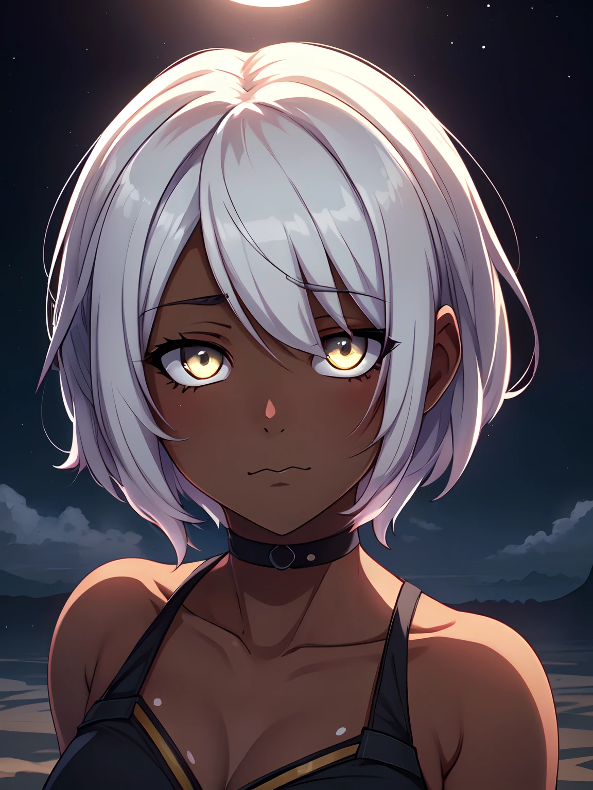 1 girl, (dark skin:1.2), shy, cute, cold expression, (8k, RAW photo, best quality, masterpiece:1.2) ultra-detailed, Super detailed, vivid colors, anime, unreal engine 5, studio lighting, portrait, full white eyes, blank eyes, Night clouds background, Aesthetic, romantic, Luna