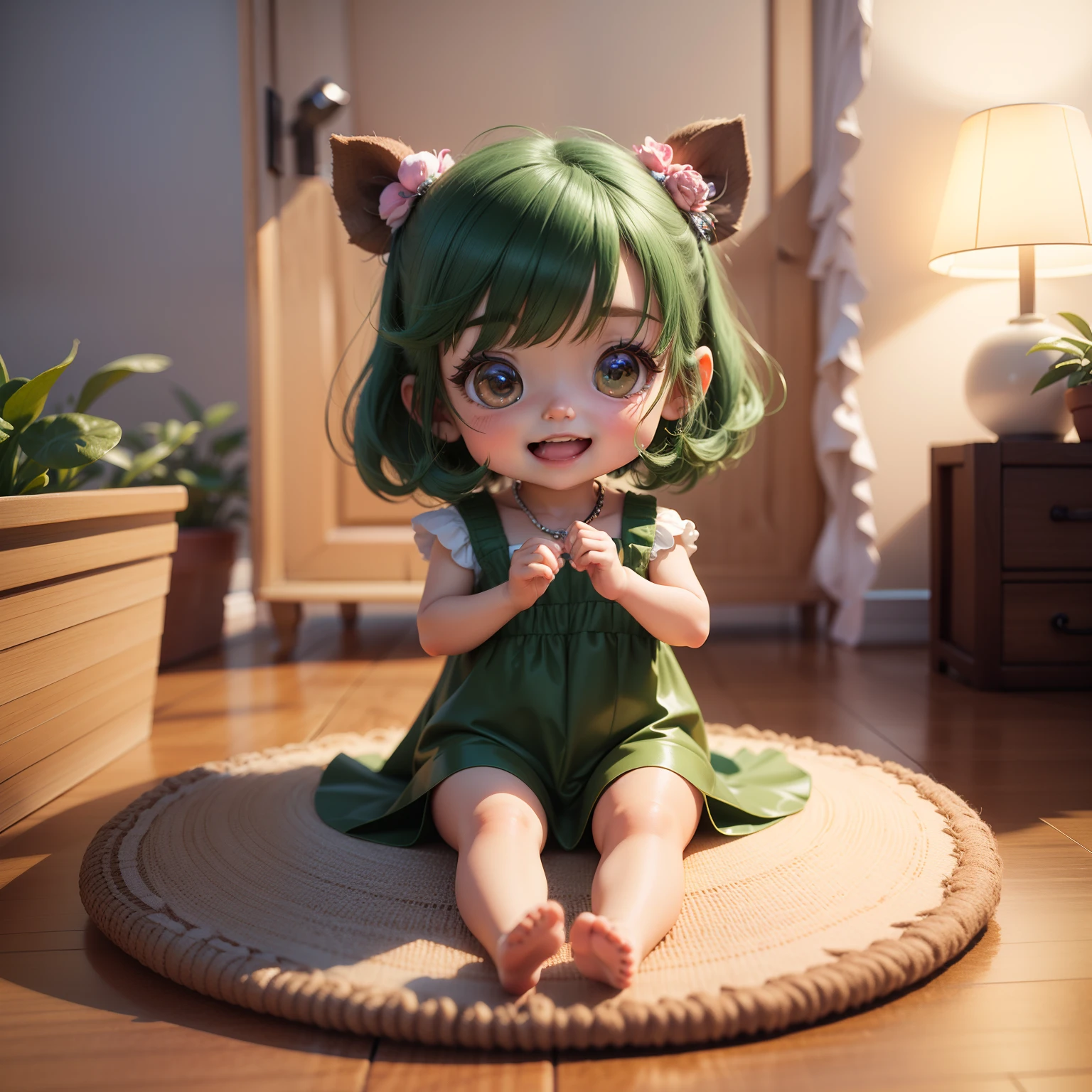 Cute Baby Chibi Anime(((Chibi 3D))) (Best Quality), (masutepiece)、Dark green hair、Open your mouth and smile、Chibi Cardboard House、specimen、houseplant、Dazzling light in the morning、Sit on cardboard、in a house、Small face、小柄、A detailed face、Jewelry Decoration Costumes、