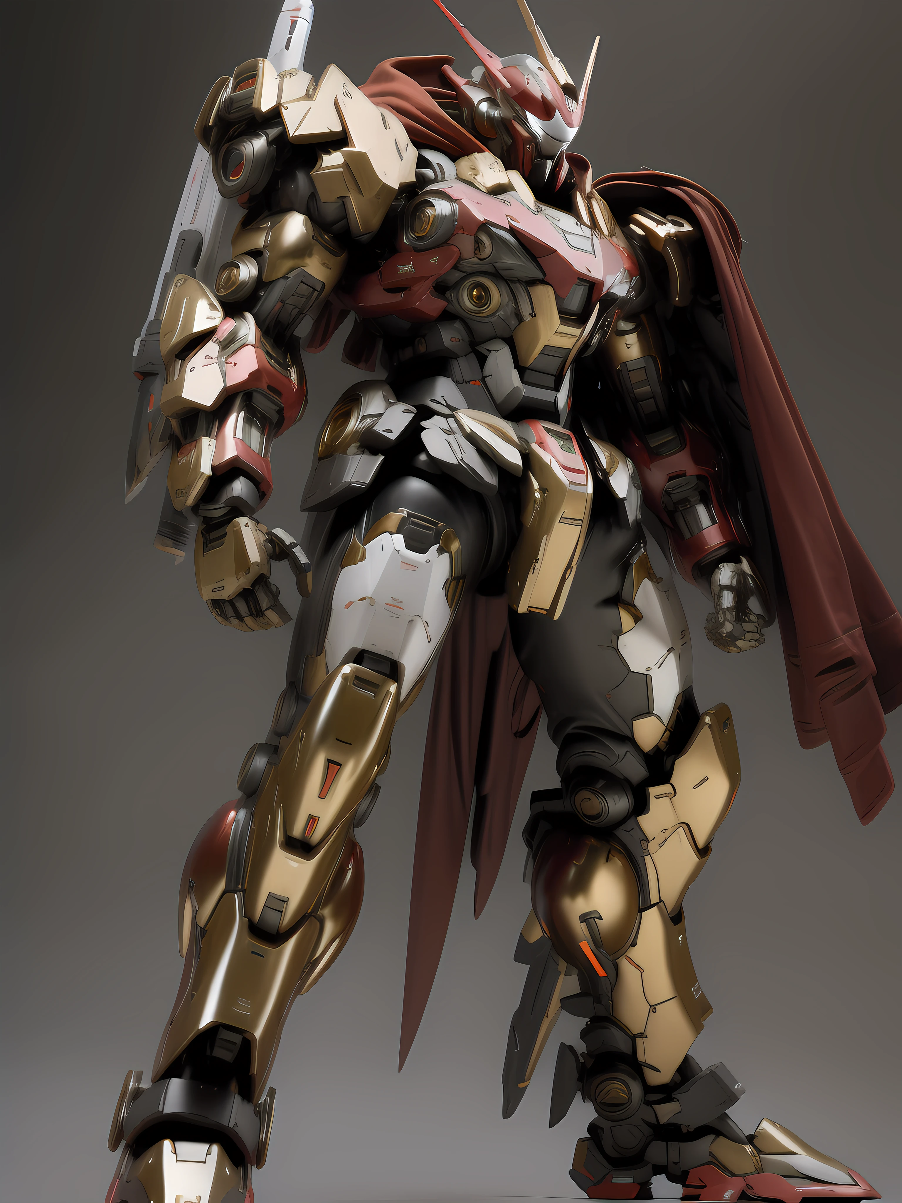 ((battlefield background, distruction, explosion)) ((weapon pose)) Hyper realistic illustration of super advanced ai 4D real life size of Gundam Hercules, bulky and muscular, bold, ironman armor, ironman element, gold and Red Color wearing huge futuristic robe, neat and tidy body shape:: holding Super massive weapon, long shot, centered image, full view, hand granade, bulky, futuristic design, stylish weapon element, nerf weapon inspired, gunpla weapon inspired, color balance, clean and sharp image, nice brightness, dynamic shading, Nikon D4:: inspired by world class weapon illustration artist::
