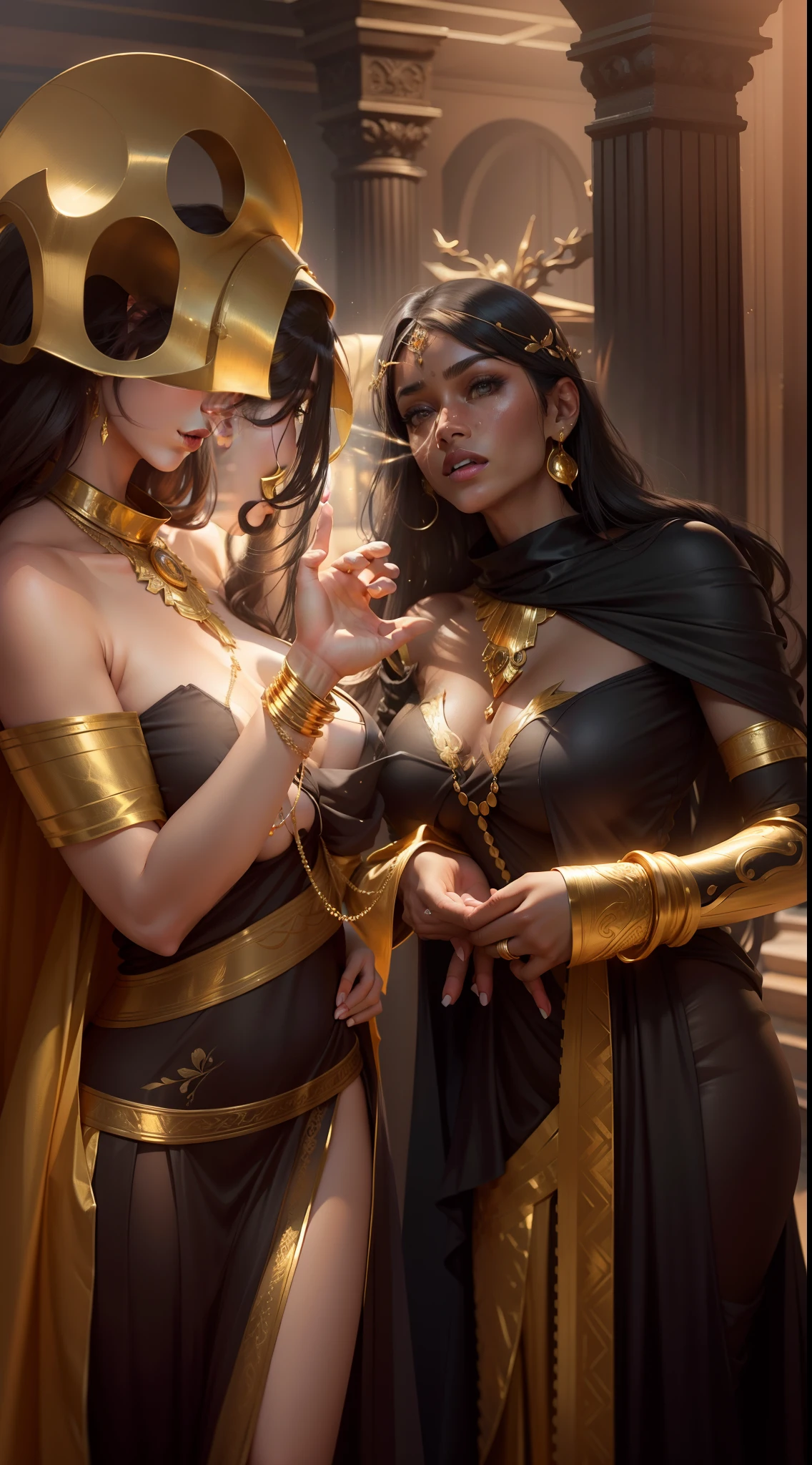 Remove golden dress women, correct black dress women face, ultra realistic, 8k, breast enhance, dress transparent,