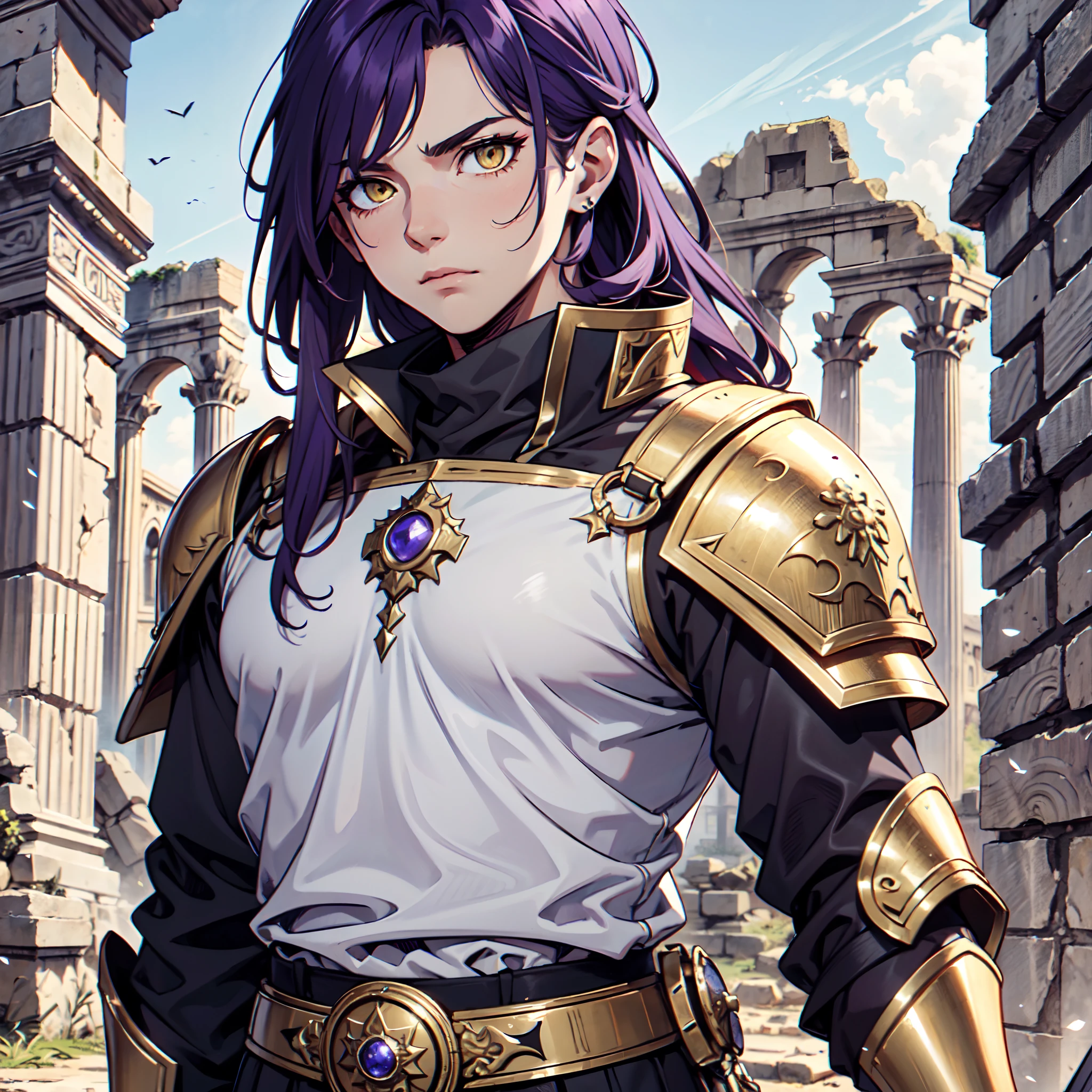 Ultra High Definition,
Ultra High Quality,
Hyper Definition,
Hyper Quality,
Hyper Detailed,
Extremely Detailed,
Perfectly Detailed,
8k,
1 Boy,
Long Purple Hair,
Under Cut Hairstyle,
Solid Yellow Eyes,
Handsome,
Armored With Roman Emperor Armor,
Ancient Roman Empire Ruins Background,
