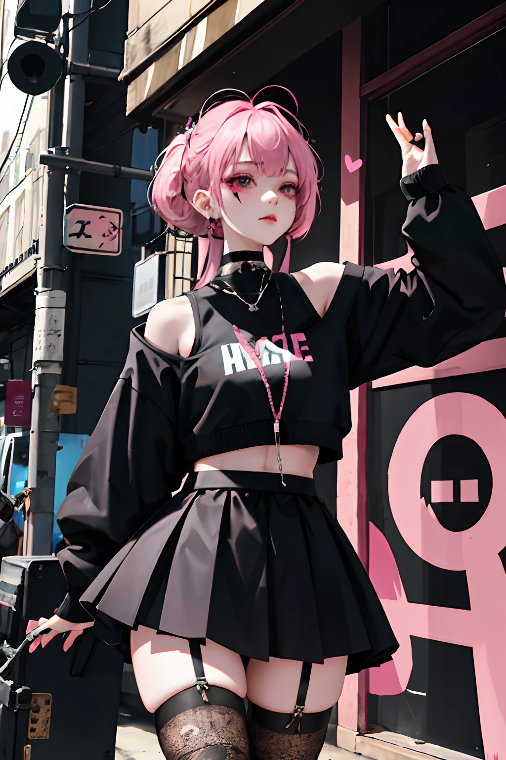 (masuter piece:1.2、top-quality)、(Live action、Intricate details)、(1lady、独奏、The upper part of the body、Colossal tits) garments: Edgy、Black jumper、Pink mini skirt、Avant-garde、Experimental appearance: Long pink hair、Dramatic makeup、Unconventional fashion choices behavior: Rebel、Runaway Ladies Leader、secretary-general、Black jumper、Pink mini skirt、Anti-system、Provocative Location: urban art district、Underground Music Scene Hobbies: Bad girl、Create mixed media art、Experiment with different subcultures values: individuality、authenticity、Creative Expression Inspiration: Runaway Ladies Leader、secretary-general、Counterculture icons、Nature: boldness、Unconventional。