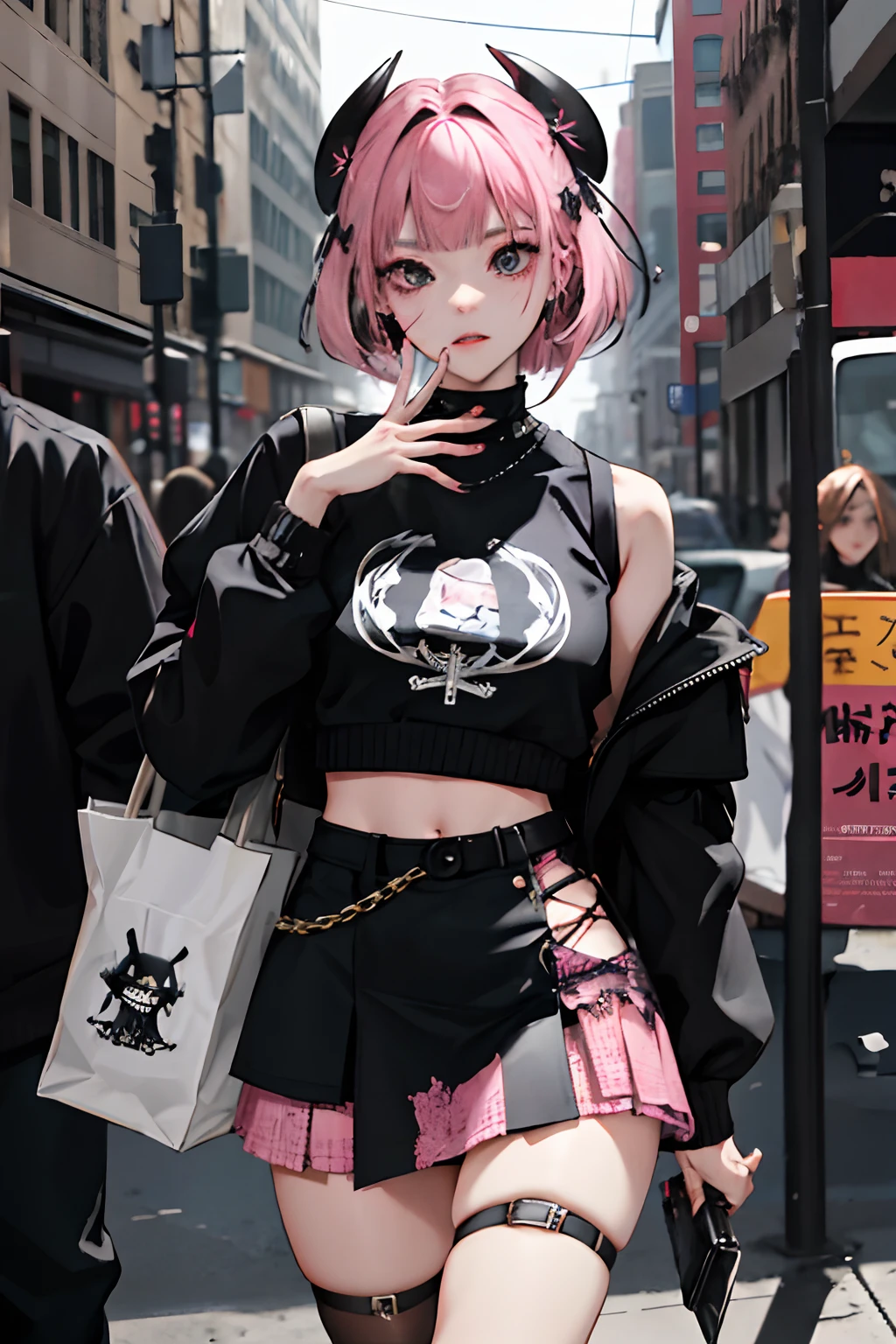 (masuter piece:1.2、top-quality)、(Live action、Intricate details)、(1lady、独奏、The upper part of the body、Colossal tits) garments: Edgy、Black jumper、Pink mini skirt、Avant-garde、Experimental appearance: Long pink hair、Dramatic makeup、Unconventional fashion choices behavior: Rebel、Runaway Ladies Leader、secretary-general、Black jumper、Pink mini skirt、Anti-system、Provocative Location: urban art district、Underground Music Scene Hobbies: Bad girl、Create mixed media art、Experiment with different subcultures values: individuality、authenticity、Creative Expression Inspiration: Runaway Ladies Leader、secretary-general、Counterculture icons、Nature: boldness、Unconventional。