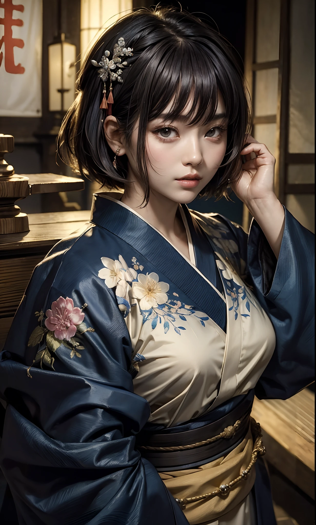 Cinematic lighting、(key light：Front diagonal 45 degrees, fill light、Backlight、shadow、blue and orange color palette), accurate human body、detailed person、Correct five-finger、RAW photo、 4K - ultra-vivid、highest quality, masterpiece, ultra high resolution, (reality: 1.4), 

(((oil skin,sparkling skin、realistic skin texture、detailed beautiful skin、shiny skin、shiny skin)))、


upper body shot, camera angle is low, Depth of the bounds written, Focus on the center, fine eyes, perfect face and eyeature woman, Beautiful woman、(Sweat,vapor, Vulgarity), ((colorful))、big cleavage、(full shot, /red makeup/、/pink glossy lipstick/)、long shot, Beautiful depiction、knowledgeable person、detailed background、quality people々々、high quality face、Ultra-high-definition animation、(/beautiful black hair:1.8/)、clavicle, (((A captivating maxi dress that shows off your obscene body line))), background bokeh、detailed background、(yukata、kimono、yukata,kimono, Japanese inn、night room、indoor、Bedroom、Desaturated room:1.8)