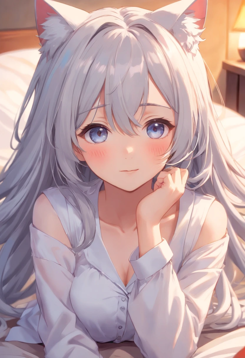 White long sleeve shirt,Born figure,A girl who is too cute no matter who looks、Bare shoulders,Cat ears,Shy Expressions,Open white shirt,Shoulders exposed,a cute loli,Leaky shoulders,Barefoot,Look up at your head,Lie on the ground,largeeyes,Cute faces in anime,Lori,Long grey hair,Lolita skirt,Rest in bed,Seductive