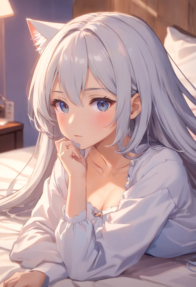 White long sleeve shirt,Born figure,A girl who is too cute no matter who looks、Bare shoulders,Cat ears,Shy Expressions,Open white shirt,Shoulders exposed,a cute ,Leaky shoulders,Barefoot,Look up at your head,Lie on the ground,largeeyes,Cute faces in anime,Lori,Long grey hair,Lolikirt,Rest in bed,Seductive