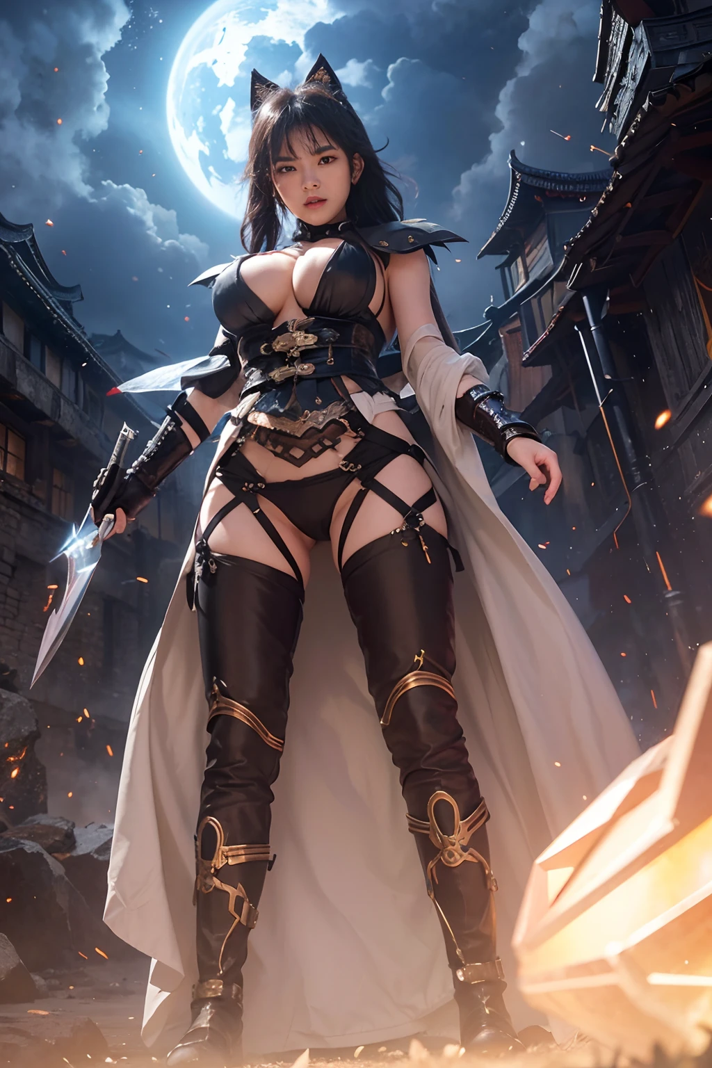 steampunk, 25-year, from below, raidenshogundef, full body, close too, Raiden Shogun from Genshin Impact, infuriated by relentless trolls, channels the power of Ei to unleash her wrath. Describe the storm of emotions, the crackling energy, and the thunderous aura that surrounds her as she confronts the trolls with her divine might,short hair, large breasts, big chest, looking at viewer, moody lighting, facing viewer, no background, white background
