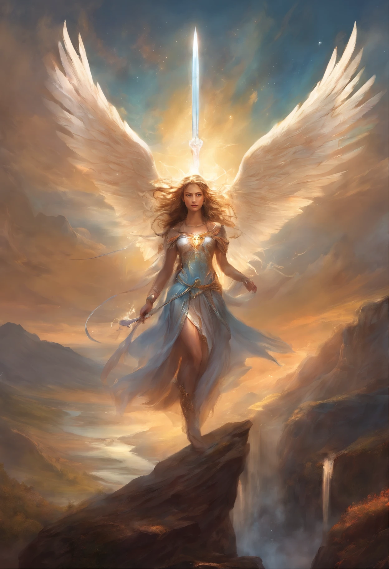 a far away landscape shot of a girl in causal clothing who's been reincarnated in spirit as an angel with beautiful wings, riding a buffalo, a beam of holy godray lights pieces falls gracefully from the heavens to bestow apon her whole being as she glows in the holy light and raises her holy sword with much power and strength