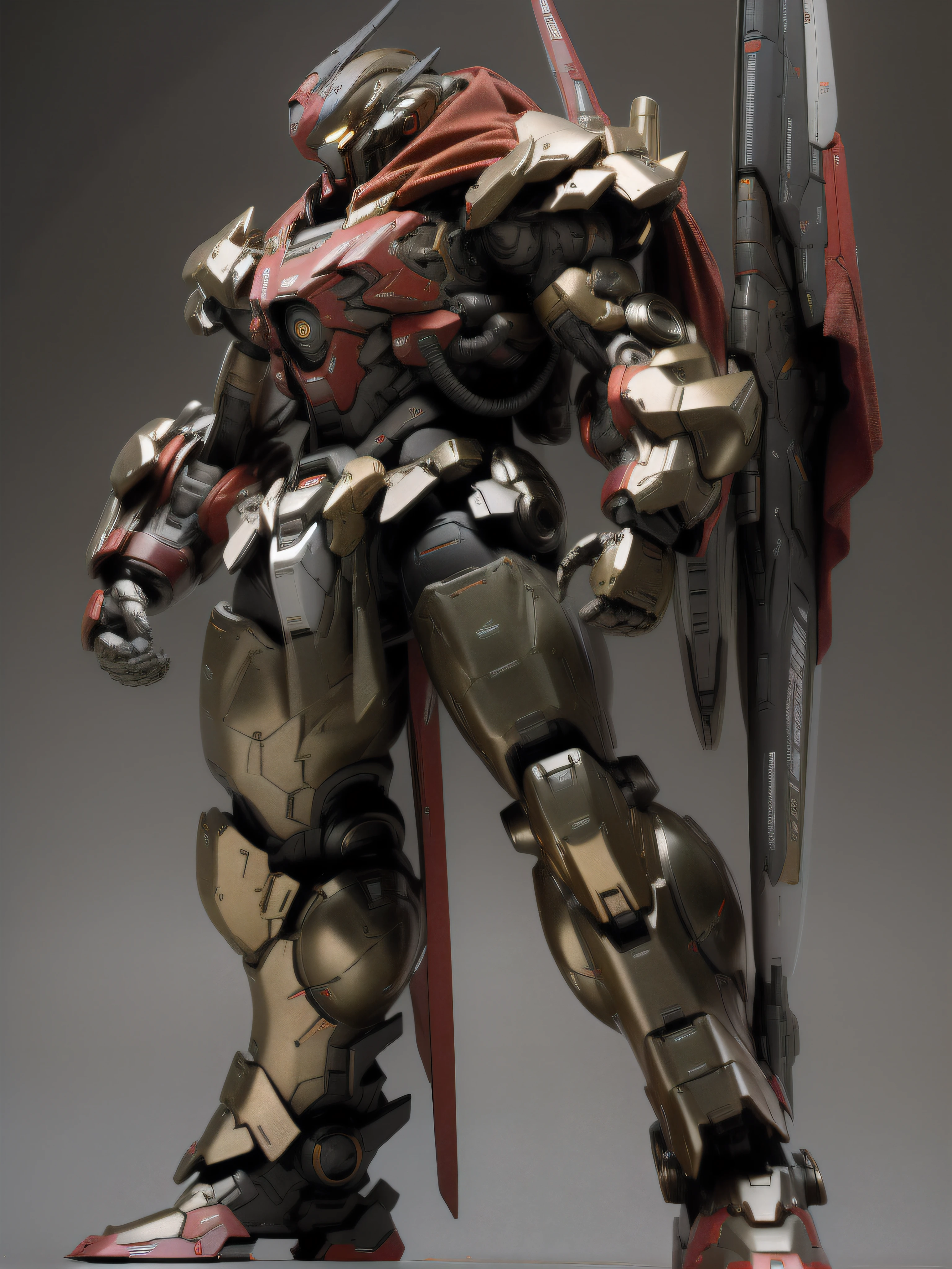((battlefield background, distruction, explosion)) ((weapon pose)) Hyper realistic illustration of super advanced ai 4D real life size of Gundam Hercules, bulky and muscular, bold, ironman armor, ironman element, gold and Red Color wearing huge futuristic robe, neat and tidy body shape:: holding Super massive weapon, long shot, centered image, full view, hand granade, bulky, futuristic design, stylish weapon element, nerf weapon inspired, gunpla weapon inspired, color balance, clean and sharp image, nice brightness, dynamic shading, Nikon D4:: inspired by world class weapon illustration artist::