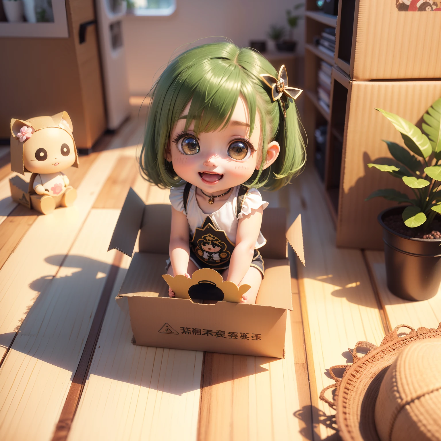 Cute Chibi Anime(((Chibi 3D))) (Best Quality), (masutepiece)、Dark green hair、Open your mouth and smile、Chibi Cardboard House、specimen、houseplant、Dazzling light in the morning、(Sit on cardboard:1.5)、in a house、a small face、小柄、A detailed face、Jewelry Decoration Costumes、