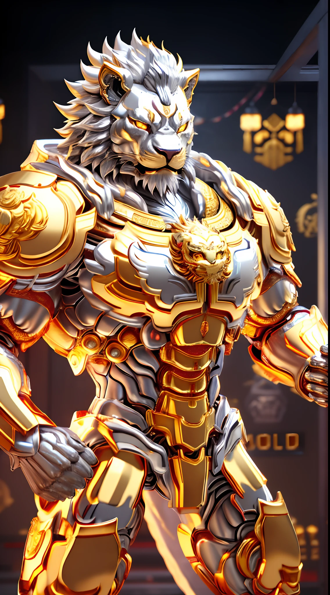 CHINESE LION, (Gold, Silver:1.5), LION HEAD, HEAVY CRYSTAL ARMOR, TRANSPARANT, MUSCLE BODY.