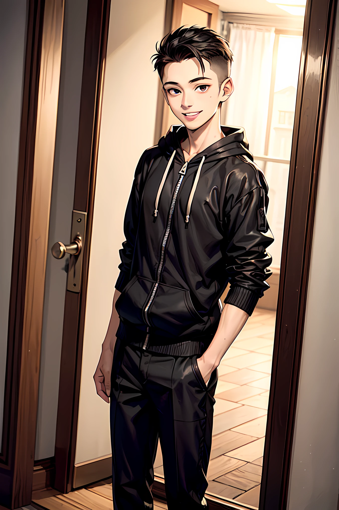 best quality,masterpiece,original,extremely detailed wallpaper,looking at viewer,1boy,solo,male,male focus,black eyes,black hair,short hair,forehead,undercut,black zip hoodie,open hoodie,black pants,smile,standing,