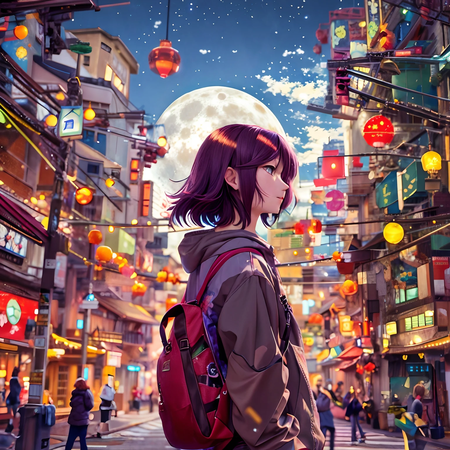 Anime girl with backpack looking at moon in city, makoto shinkai cyril rolando, anime style cityscape, inspired by Yuumei, by Yuumei, Tokyo Anime Scene, a beautiful artwork illustration, By Shinkai Makoto. a digital rendering, Anime art wallpaper 8k, anime style 4 k, Digital Cyberpunk Anime Art, anime style illustration