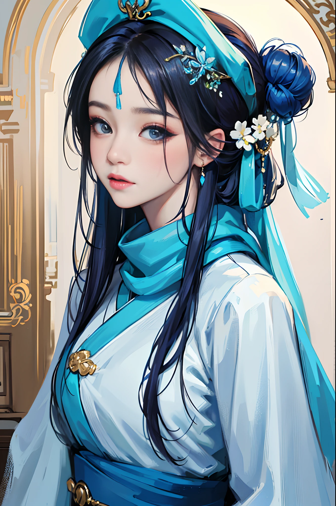 Close-up of a woman wearing a blue headdress and blue scarf, Palace ， Close up to the face，A girl in Hanfu, Guviz, style of wlop, Guviz-style artwork, beautiful portrait image, valentine, Realistic. Cheng Yi, Kawaii realistic portrait, inspired by Jin Nong, high quality portrait, popular korean makeup