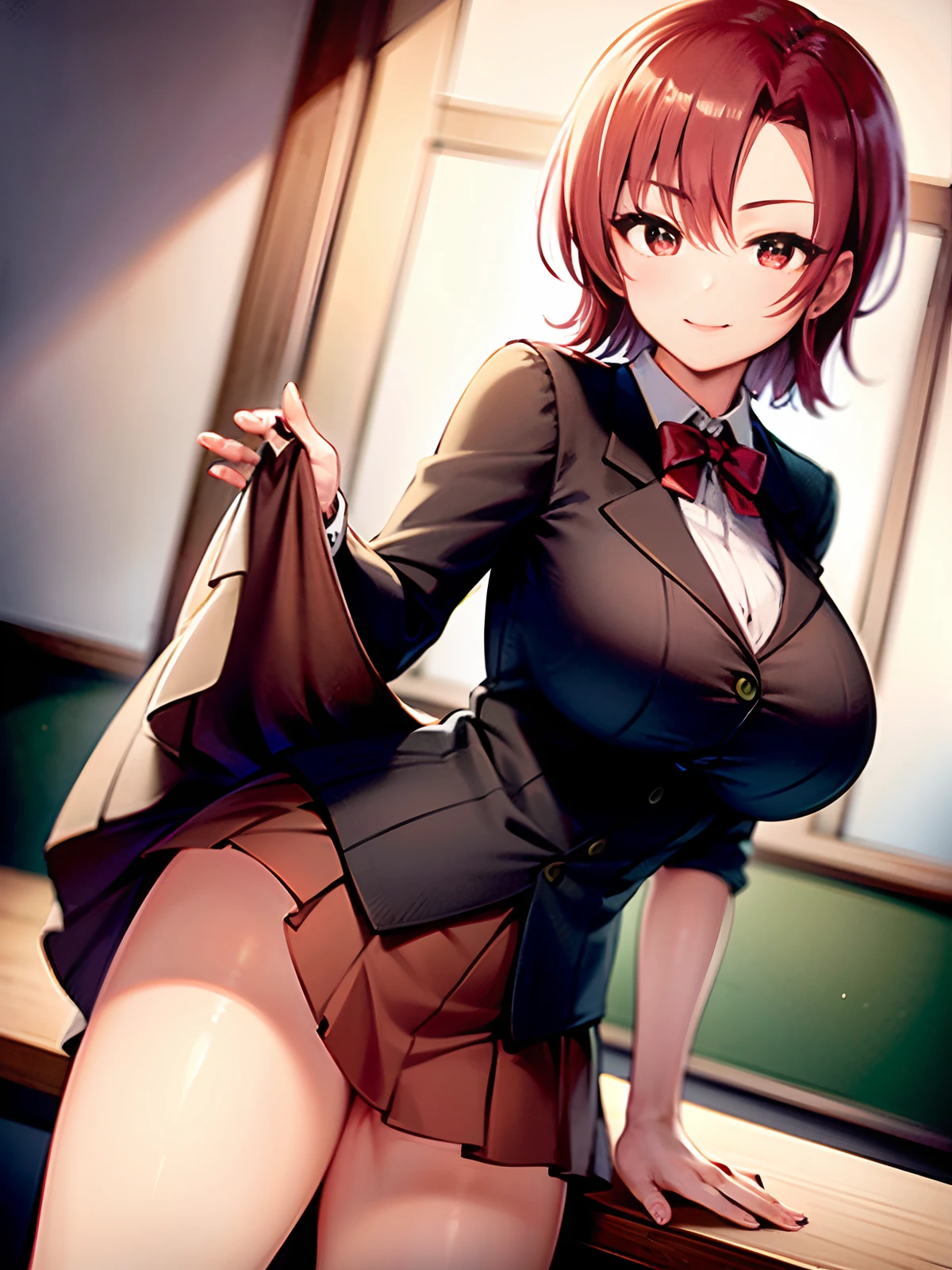 top-quality、masterpiece、ighly detailed、face perfect、Top image quality、Beautuful Women、Wine red hair、shorth hair、Red eyes、Knee-length skirt 、white shirt、Yellow vest 、Do not expose the crotch、Do not expose your breasts 、pupils、Classroom、Soft lighting、super-detaild skin 、Super detailed big、good hip line、Ultra-detailed thighs、depth of fields、huge smile、High-precision needle