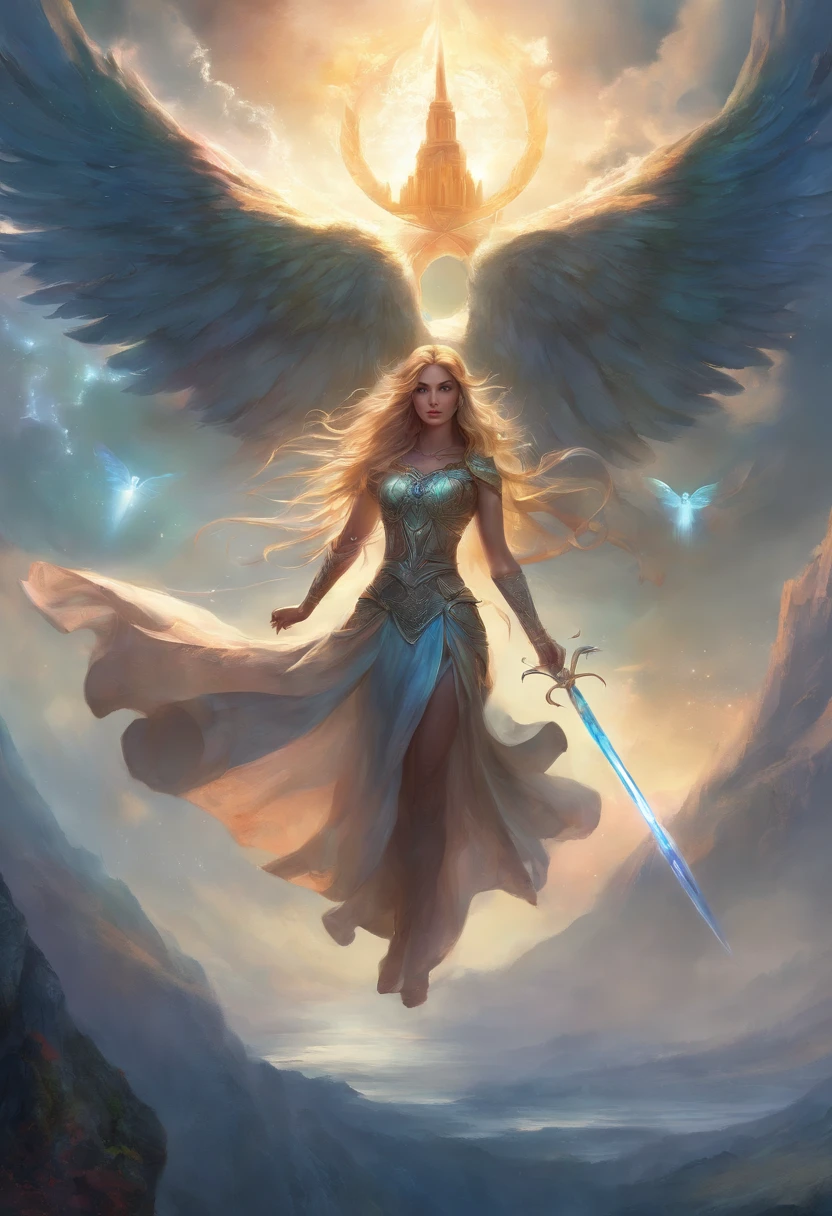 a far away landscape shot of a girl in causal clothing who's been reincarnated in spirit as an angel with beautiful wings, riding a buffalo, a beam of holy godray lights pieces falls gracefully from the heavens to bestow apon her whole being as she glows in the holy light and raises her holy sword with much power and strength