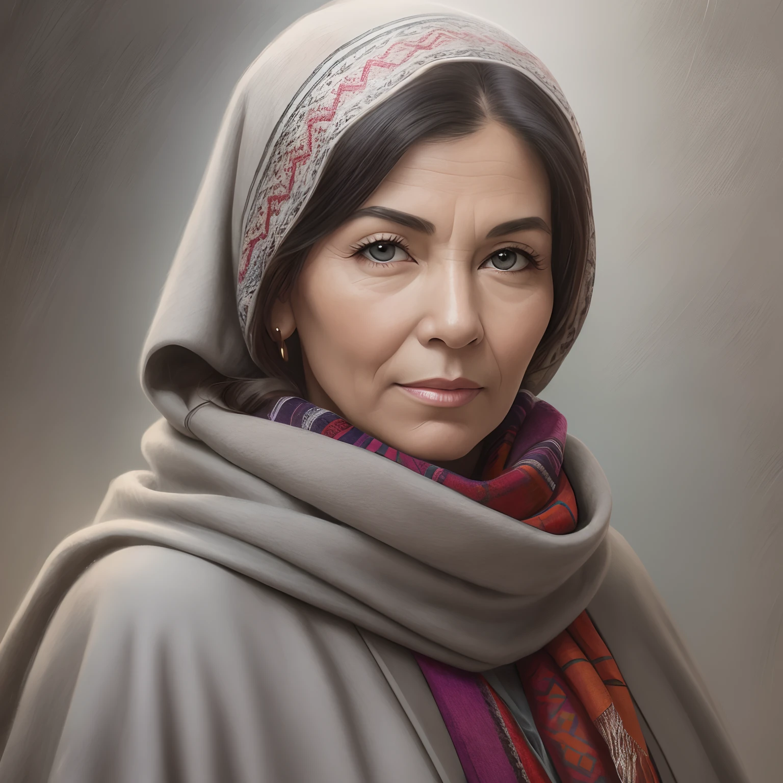 Drawing aapril, realistic fantasy, portrait, solo, middle-aged woman 1: 1, detailed description, gray eyes on the face, large nose with a hump 1: 1 large physique, + warts, large-scale powerful nose, mrashny chin, dressed in a flat, + gray old cloak, an old scarf wrapped around her head, + an old scarf, + an old scarf, cgsociety