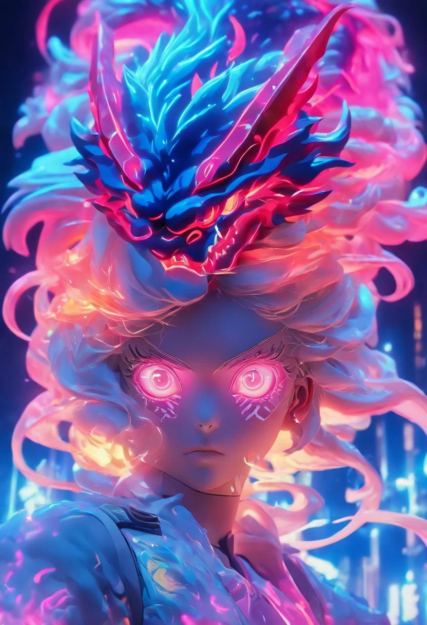 ChinesischDrache, (Blind Box Spielzeug Stil:1.2), (full-body shot) , 1 Transparent Girl,Hinter ihm steht ein durchsichtiger chinesischer Drache, Transparenter Mech, Exquisiter Helm:1.2, Leuchtende Brille:1.2, Cyberpunk, Dreamy glow, leuchtende Neonlichter, sauber, white background, ( Globale Beleuchtung, Rochen-Traching, HDR, Unwirkliches Rendern,Reasonable design, Hohe Detailgenauigkeit, Meisterwerk, best quality, hyper HD, Filmische Beleuchtung)