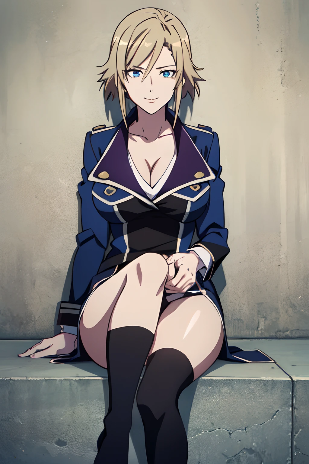 masterpiece, best quality, finely detailed, detailed eyes, detailed background, 8k, awashima seri, blue eyes, uniform, thighhighs, in the city, metropolis, outdoors, day, 1lady, solo, large breasts, cleavage, collarbone, looking at viewer, (sitting, against wall:1.2), seductive smile, pantyshot, knees together feet apart,