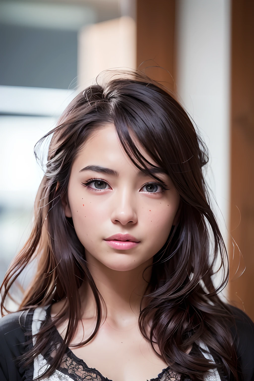 (realistic, photo-realistic:1.37),(8k, RAW photo, best quality, masterpiece:1.2), cute, ultra-detailed,heart-shaped pupils,physically-based rendering, ultra high res, kodakvision color, shot on Arricam LT Camera, bokeh, sharp focus,
looking at viewer,photorealistic,realistic, solo, photorealistic, best quality,extremely detailed face,extremely detailed eyes and face, beautiful detailed eyes,absurdres, incredibly absurdres,haunting smile,Messy hair, floating hair, ,